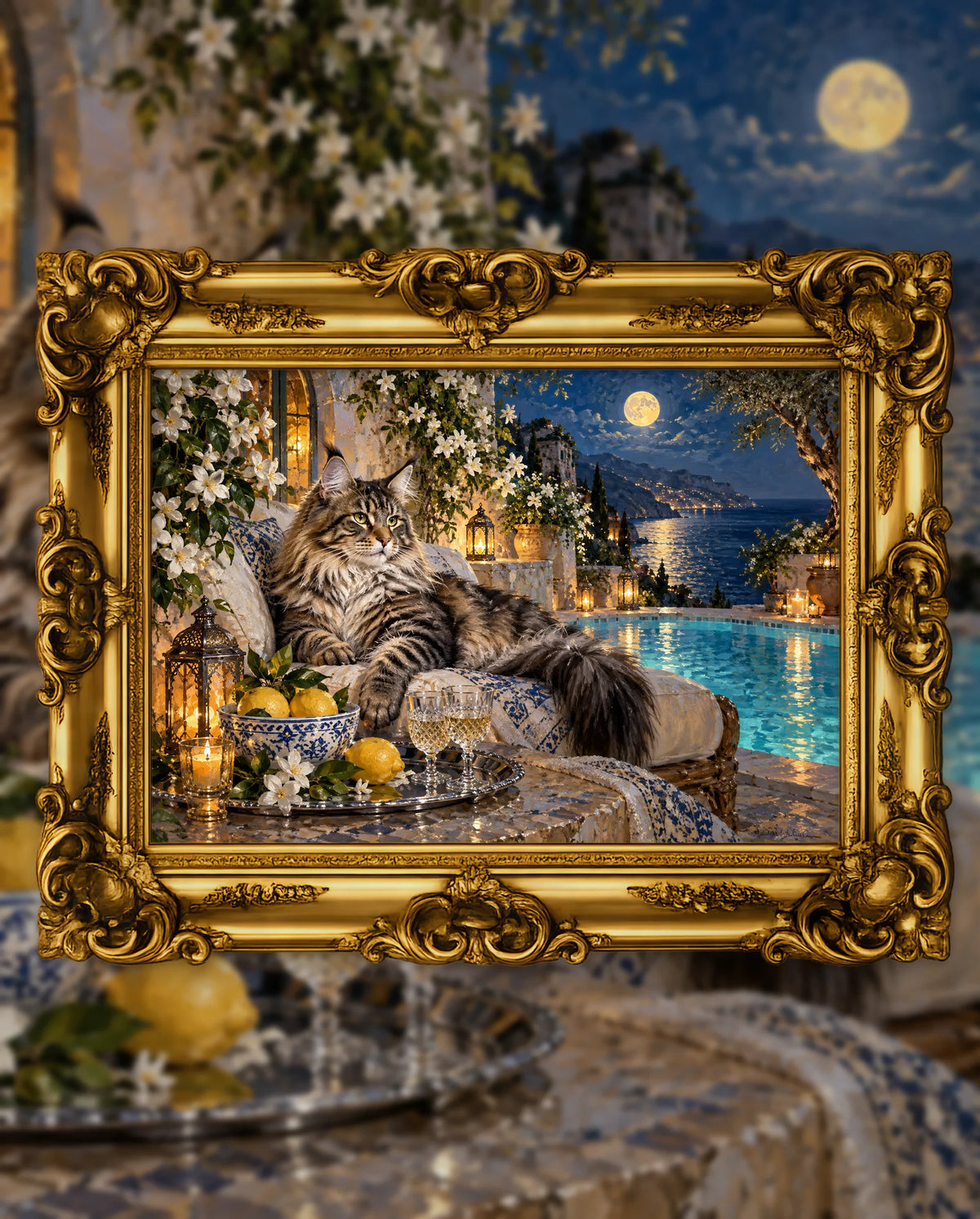 Moonlight for the Maine Coon, an original DAILE Studio artwork in an ornate gold frame, fine art jigsaw puzzle