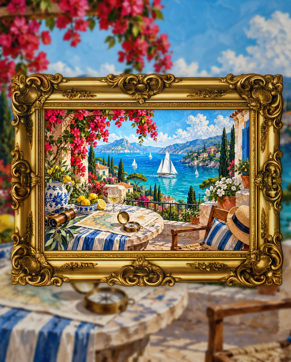 The Bay of White Sails, an original DAILE Studio artwork in an ornate gold frame, fine art jigsaw puzzle