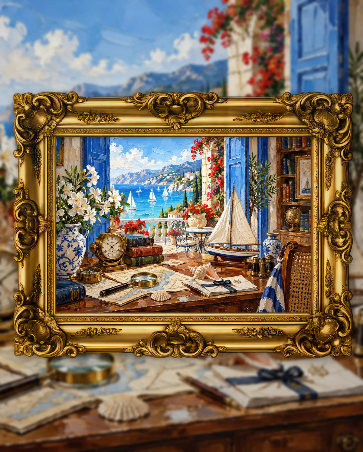 The Cartographer's Sea Room, an original DAILE Studio artwork in an ornate gold frame, fine art jigsaw puzzle