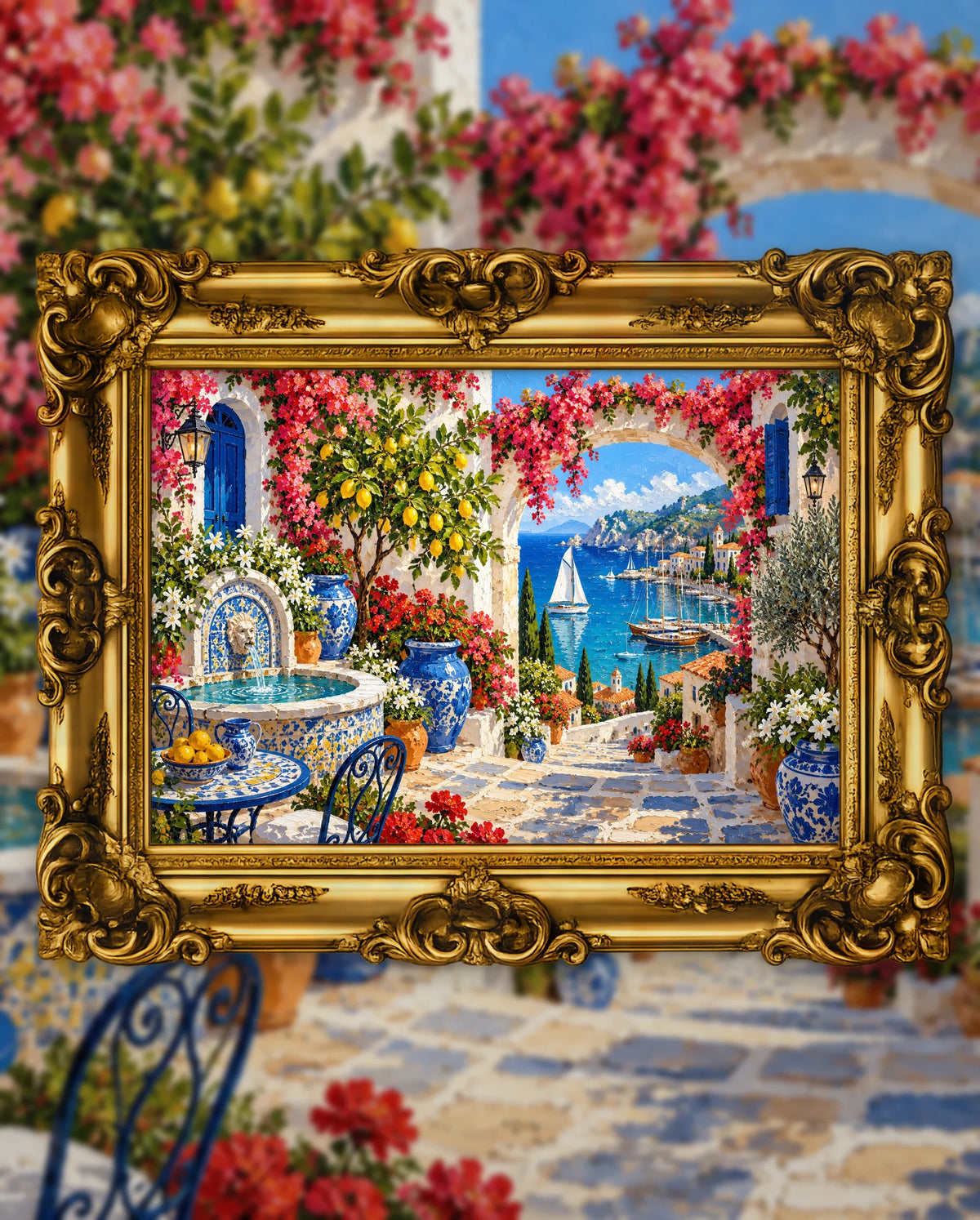 The Harbour in Bloom, an original DAILE Studio artwork in an ornate gold frame, fine art jigsaw puzzle