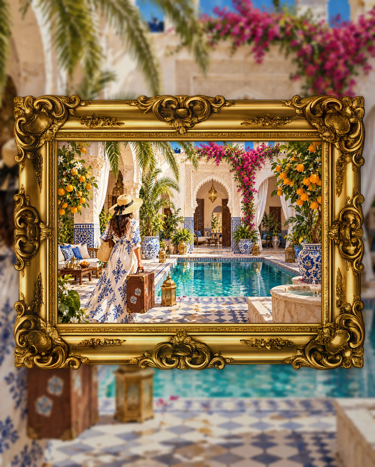 Arrival at the Hidden Riad, an original DAILE Studio artwork in an ornate gold frame, fine art jigsaw puzzle