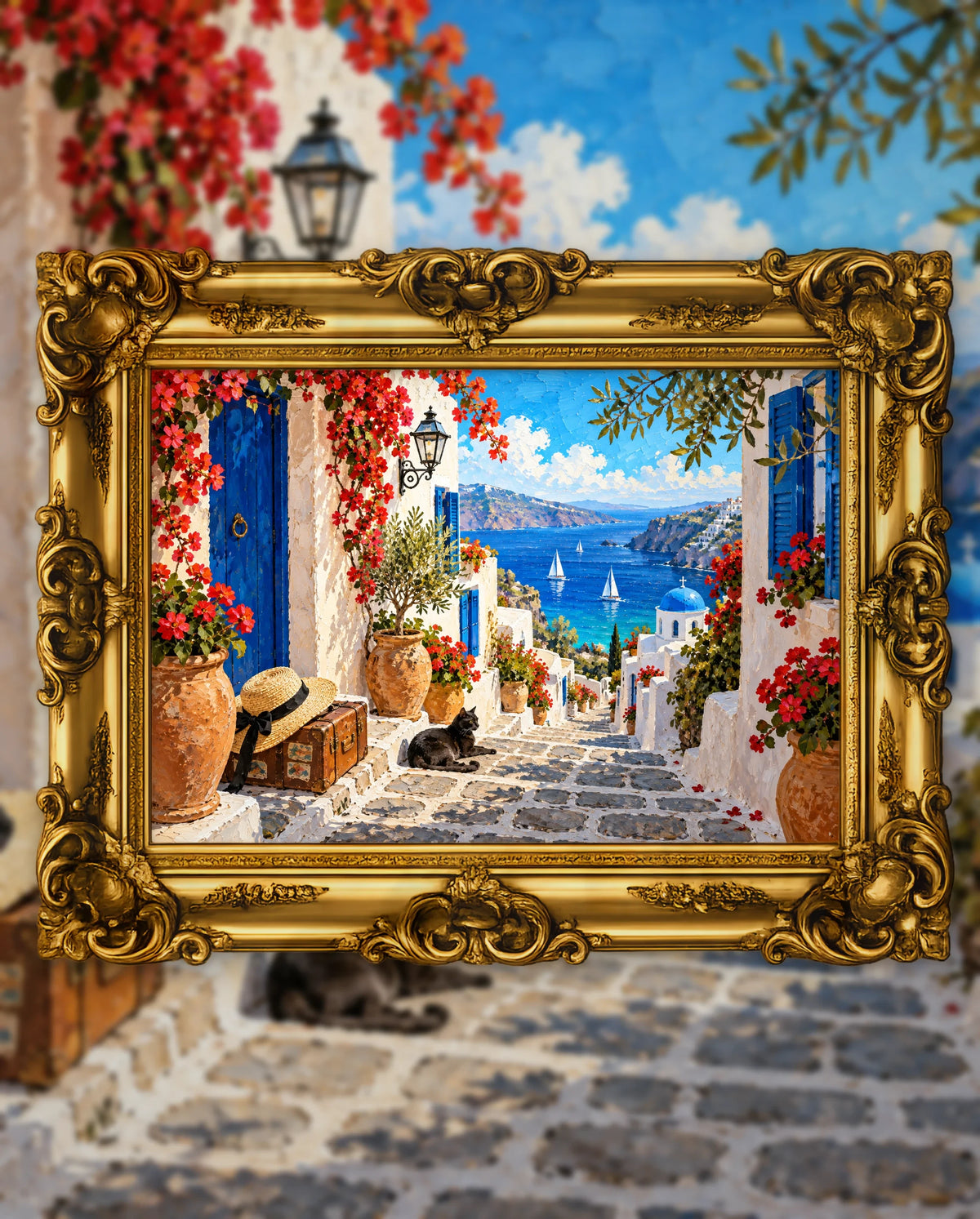 The Blue Alley to Elsewhere, an original DAILE Studio artwork in an ornate gold frame, fine art jigsaw puzzle