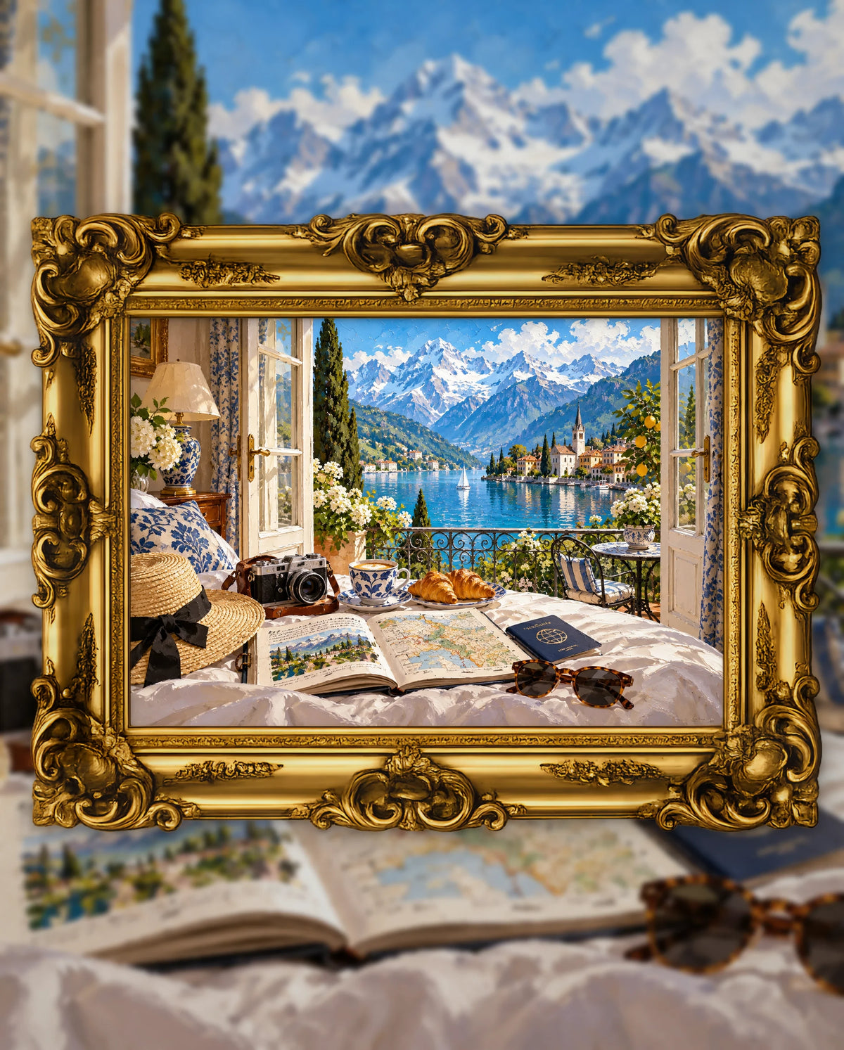 Morning Over the Alpine Lake, an original DAILE Studio artwork in an ornate gold frame, fine art jigsaw puzzle