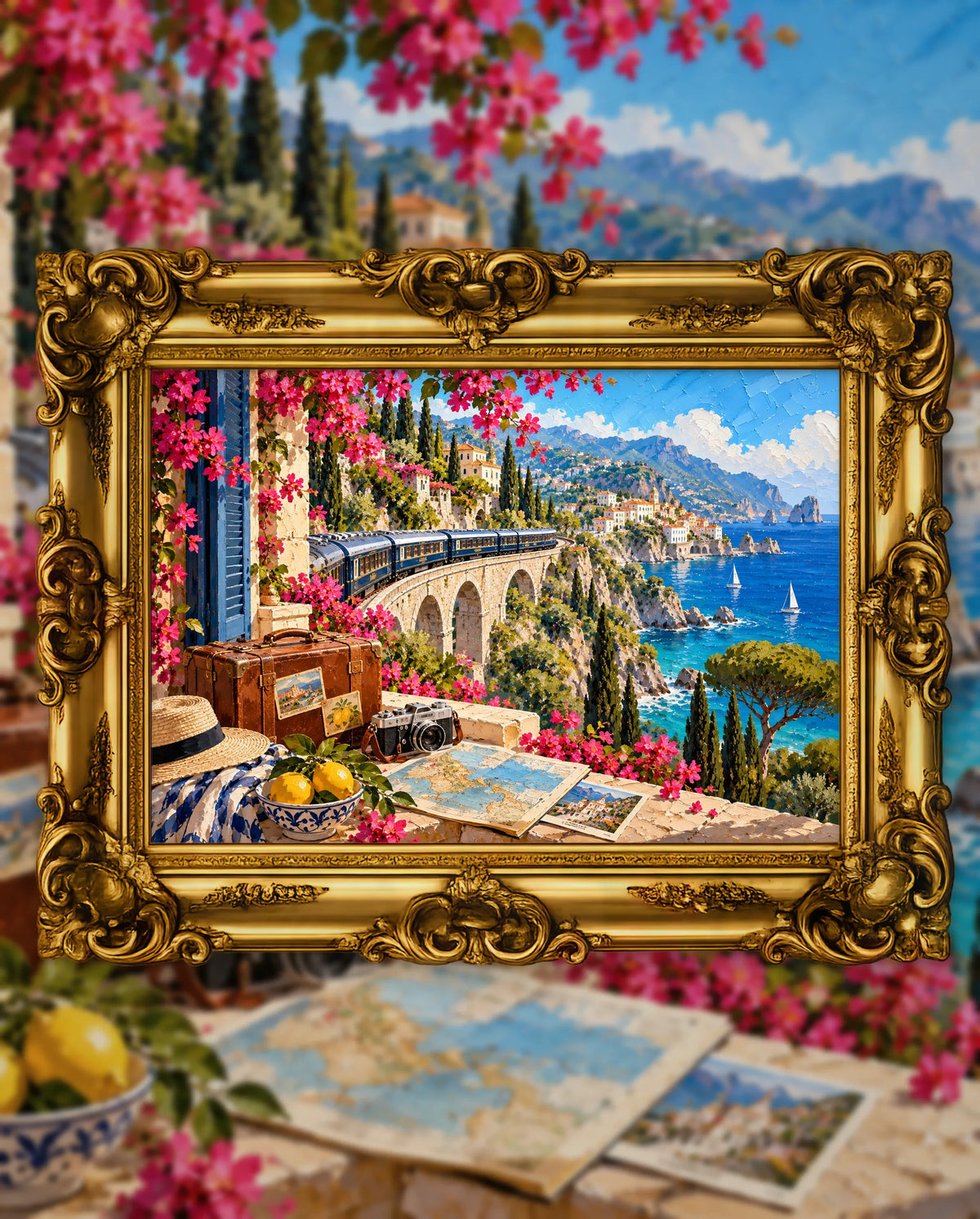 The Scenic Line to Somewhere Beautiful, an original DAILE Studio artwork in an ornate gold frame, fine art jigsaw puzzle