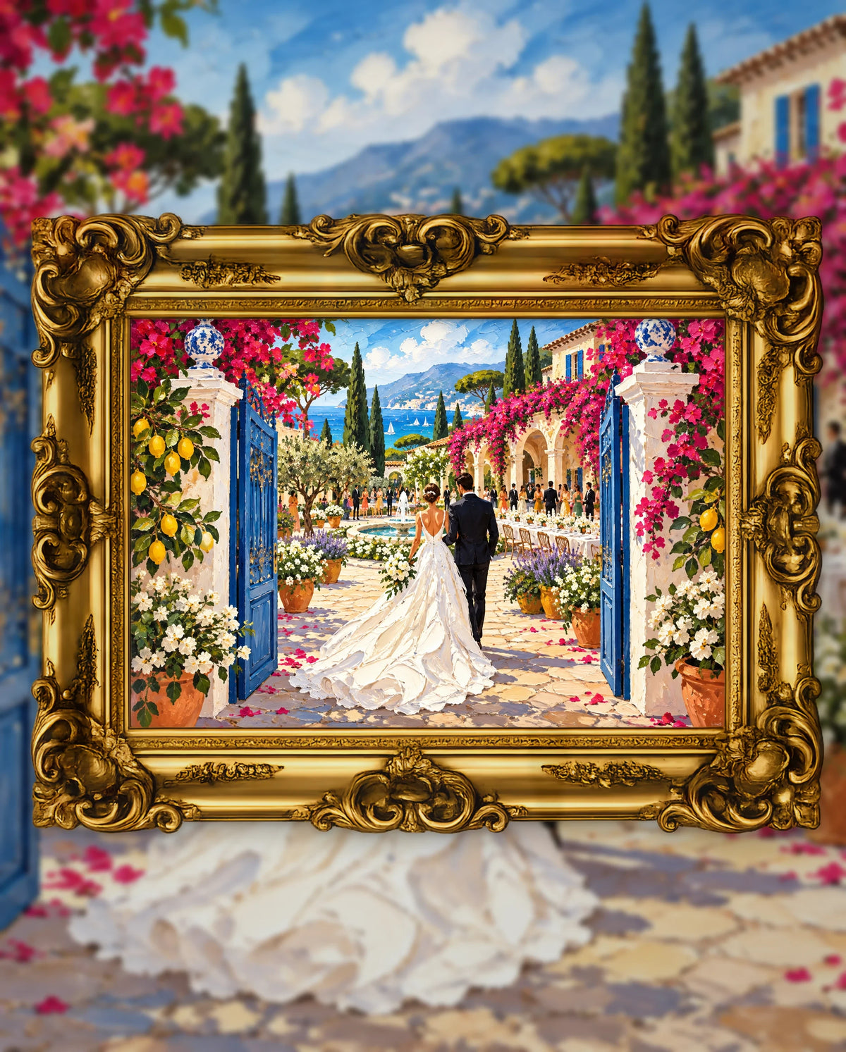 Through the Blue Gates to Forever, an original DAILE Studio artwork in an ornate gold frame, fine art jigsaw puzzle