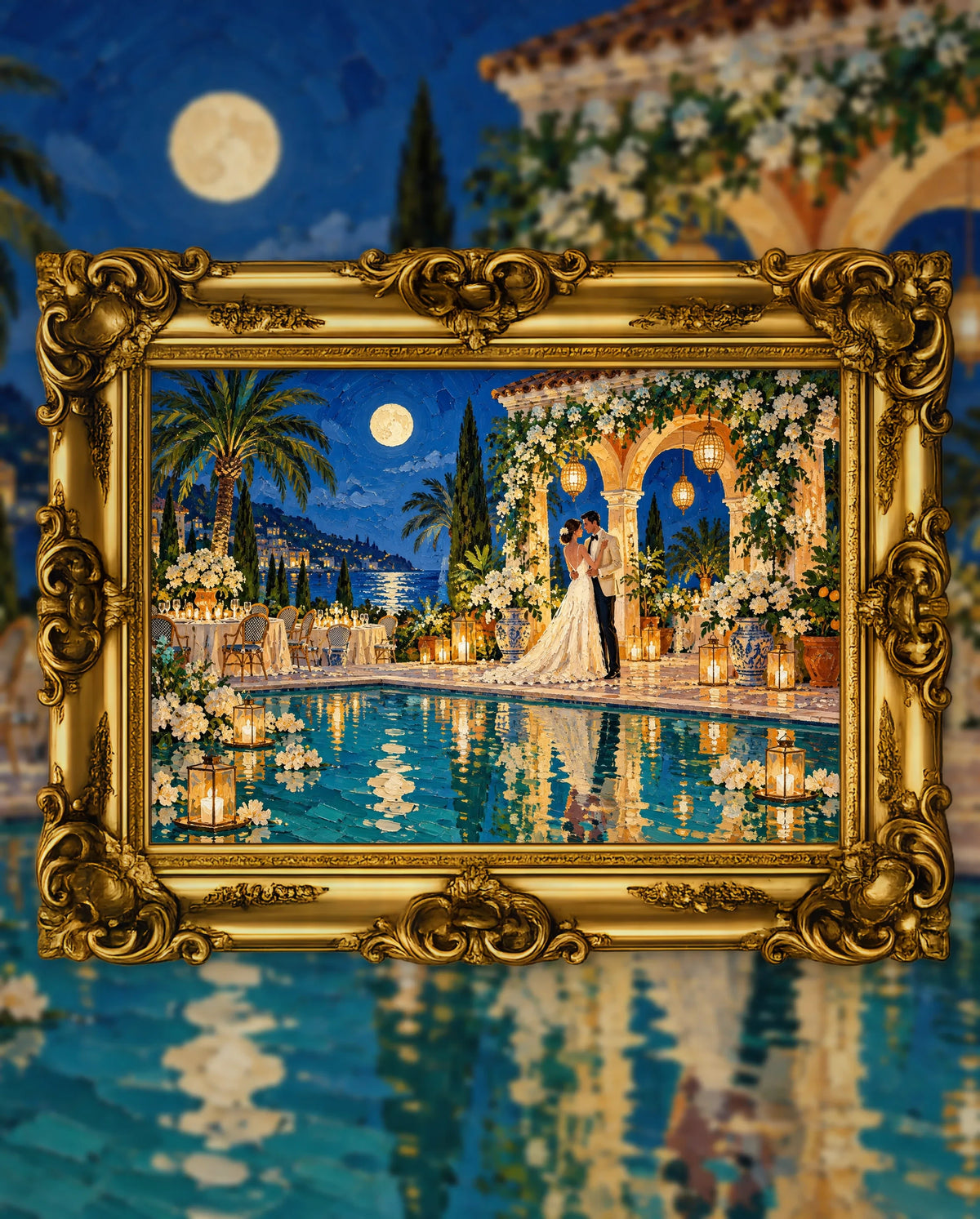 First Dance Under the Moonlit Loggia, an original DAILE Studio artwork in an ornate gold frame, fine art jigsaw puzzle