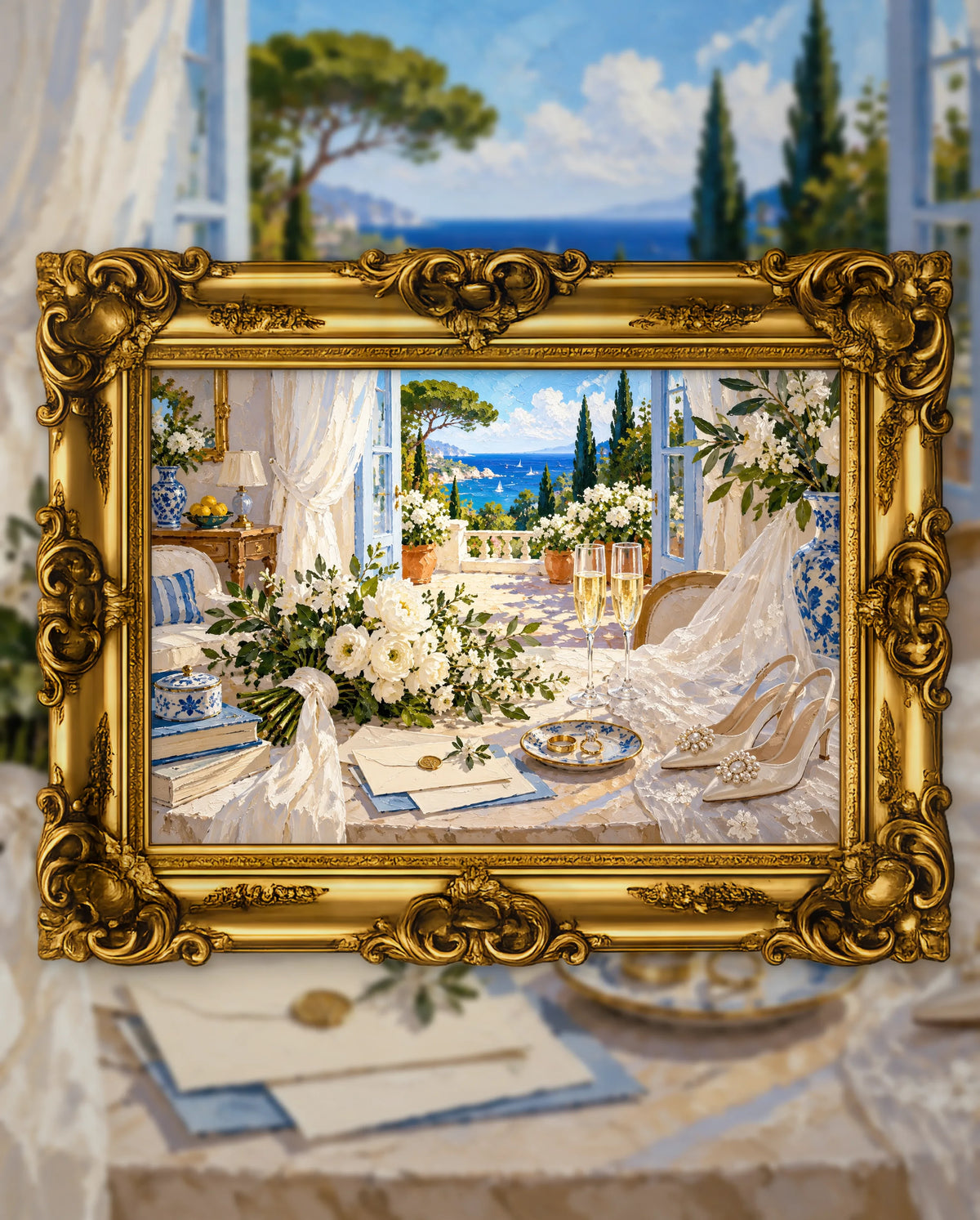 Before Forever by the Open Window, an original DAILE Studio artwork in an ornate gold frame, fine art jigsaw puzzle