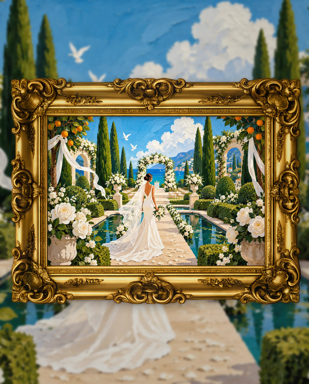 The Garden Aisle to Forever, an original DAILE Studio artwork in an ornate gold frame, fine art jigsaw puzzle