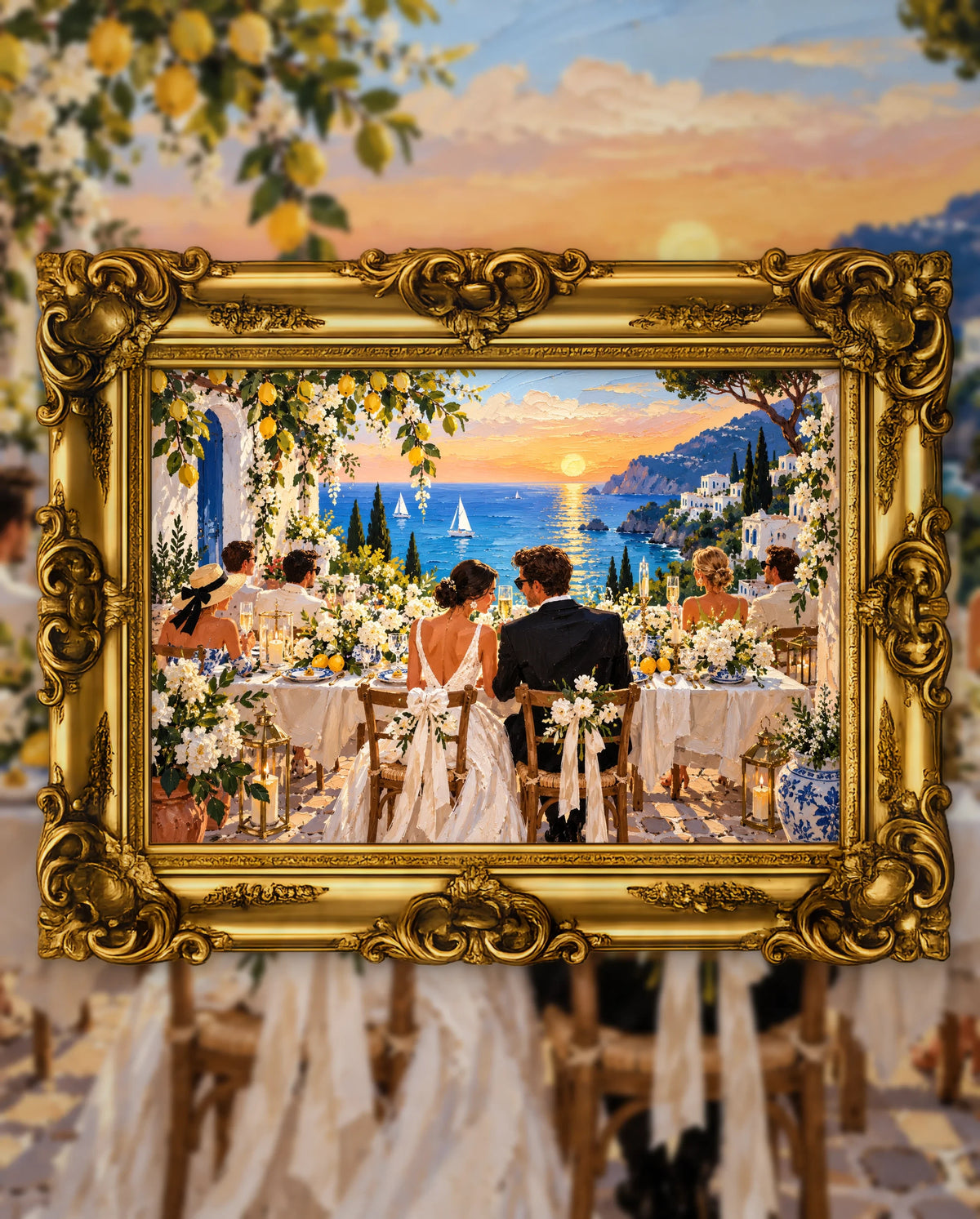 Vows Above the Amalfi Sea, an original DAILE Studio artwork in an ornate gold frame, fine art jigsaw puzzle