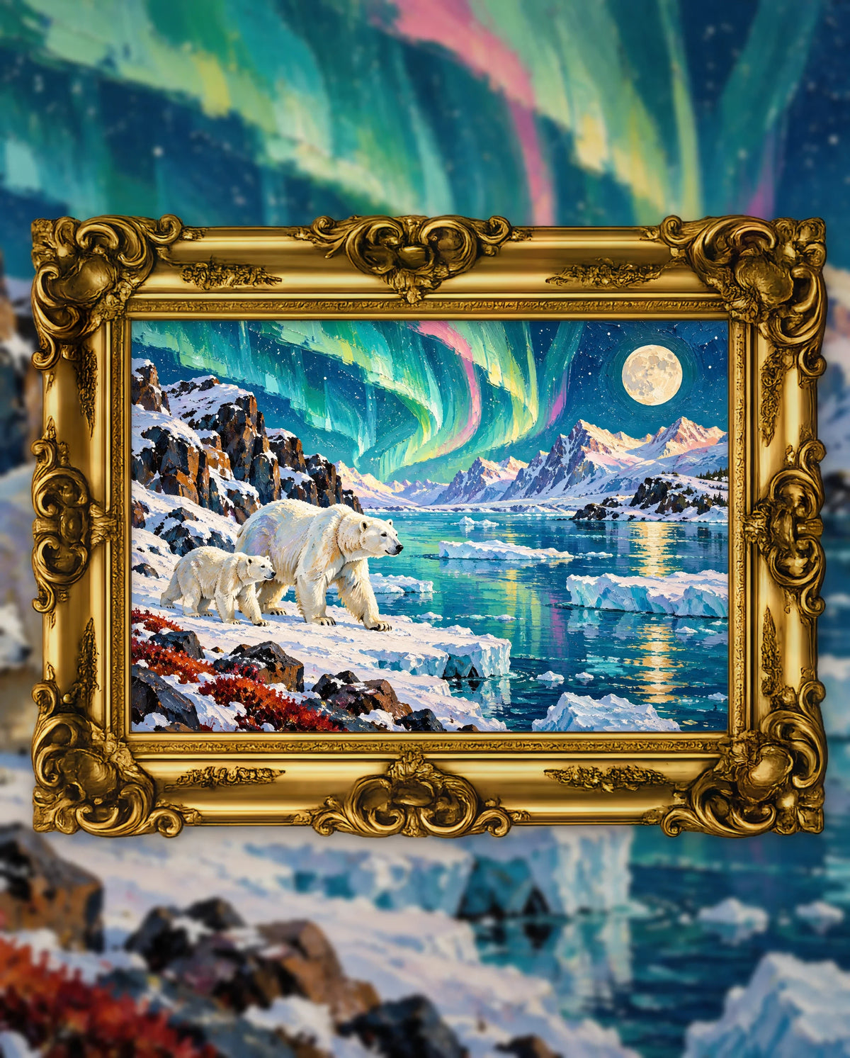 Aurora Across the Polar Shore, an original DAILE Studio artwork in an ornate gold frame, fine art jigsaw puzzle