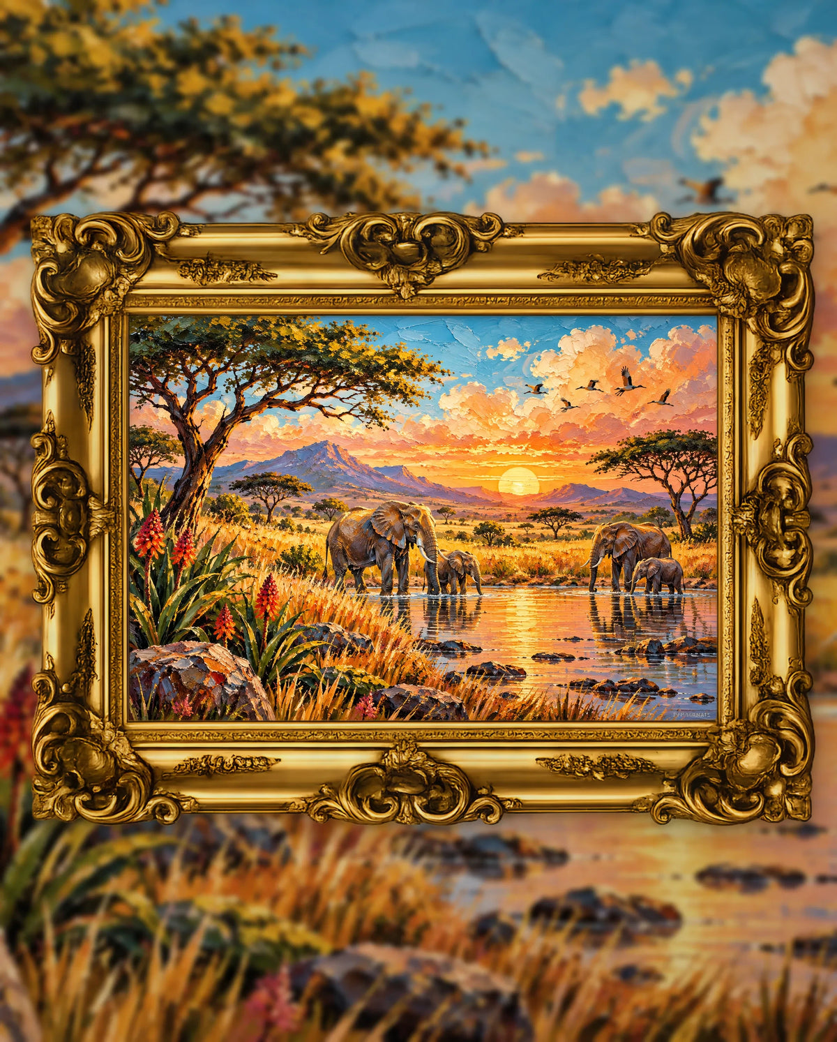 Elephants at the Last Light, an original DAILE Studio artwork in an ornate gold frame, fine art jigsaw puzzle