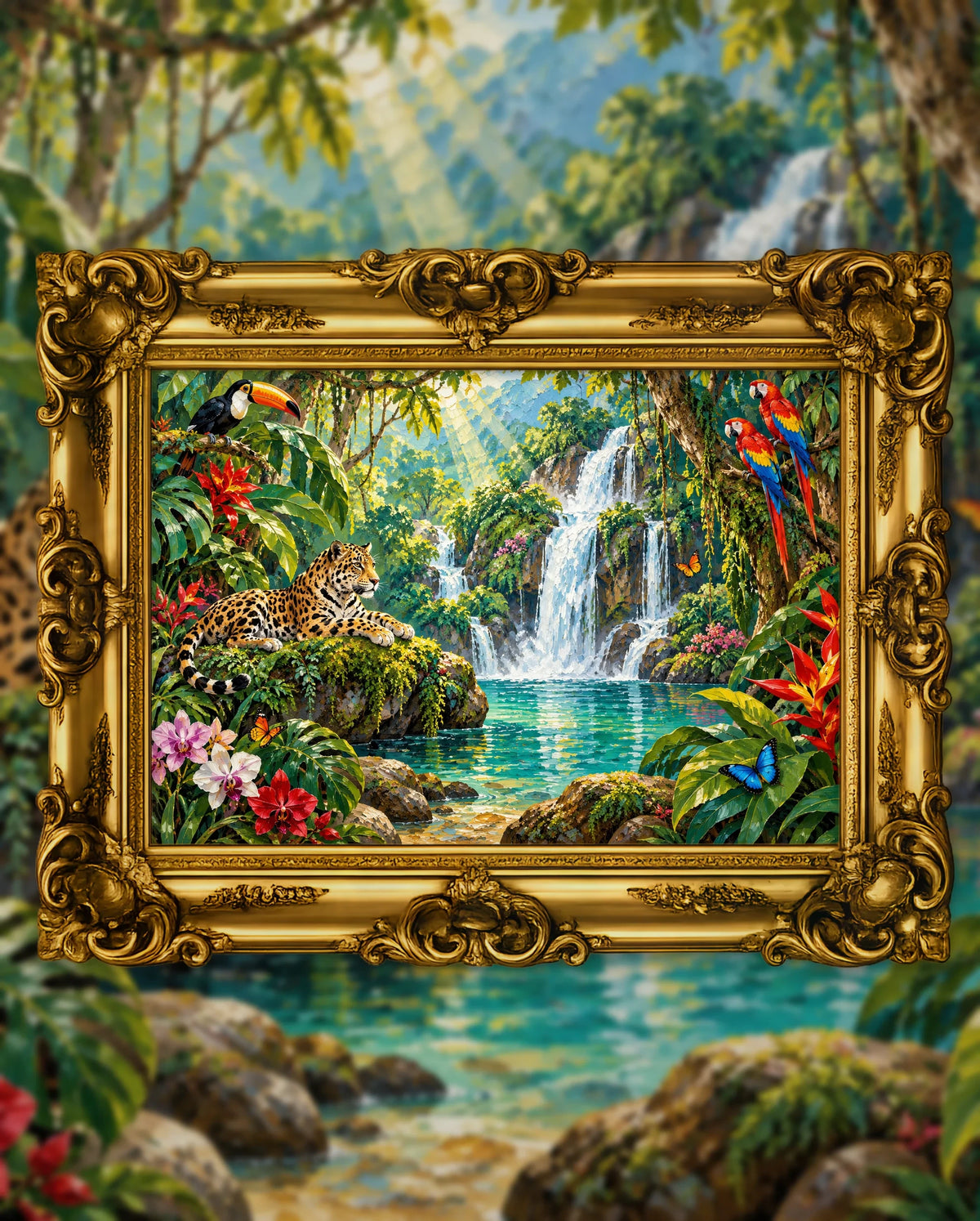 Jungle Falls of the Golden Jaguar, an original DAILE Studio artwork in an ornate gold frame, fine art jigsaw puzzle