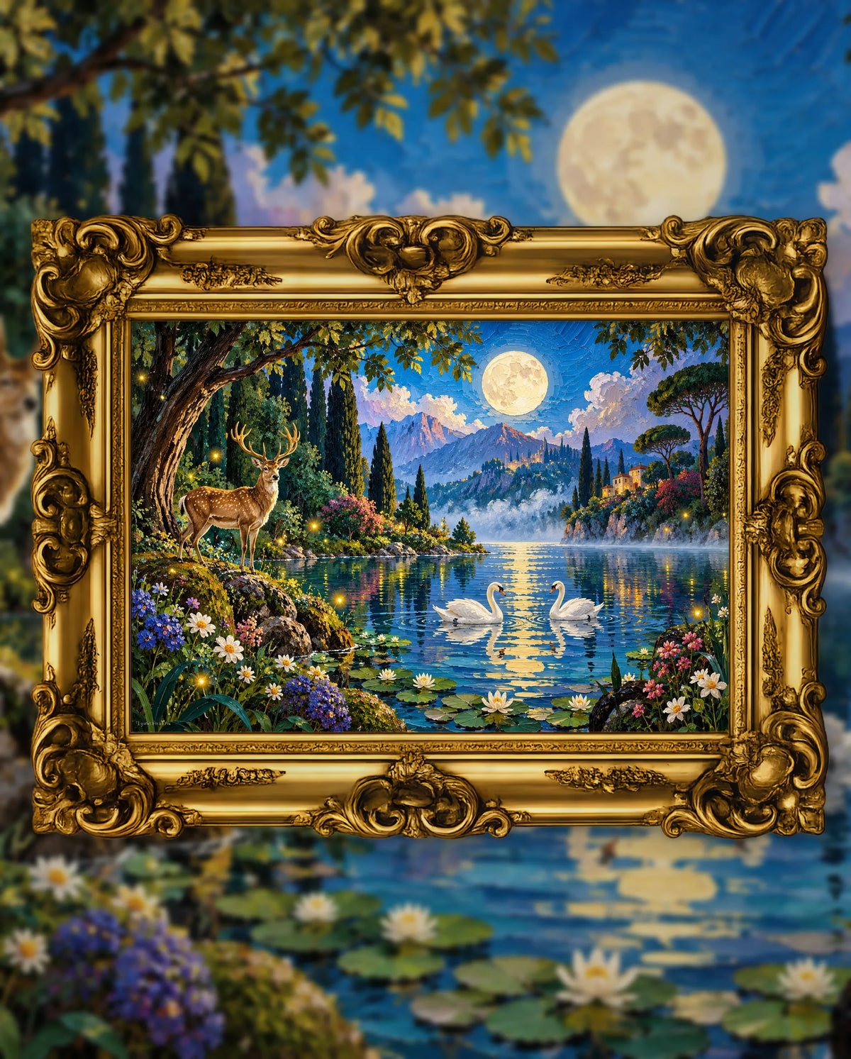 Moonlit Kingdom of the Stag, an original DAILE Studio artwork in an ornate gold frame, fine art jigsaw puzzle