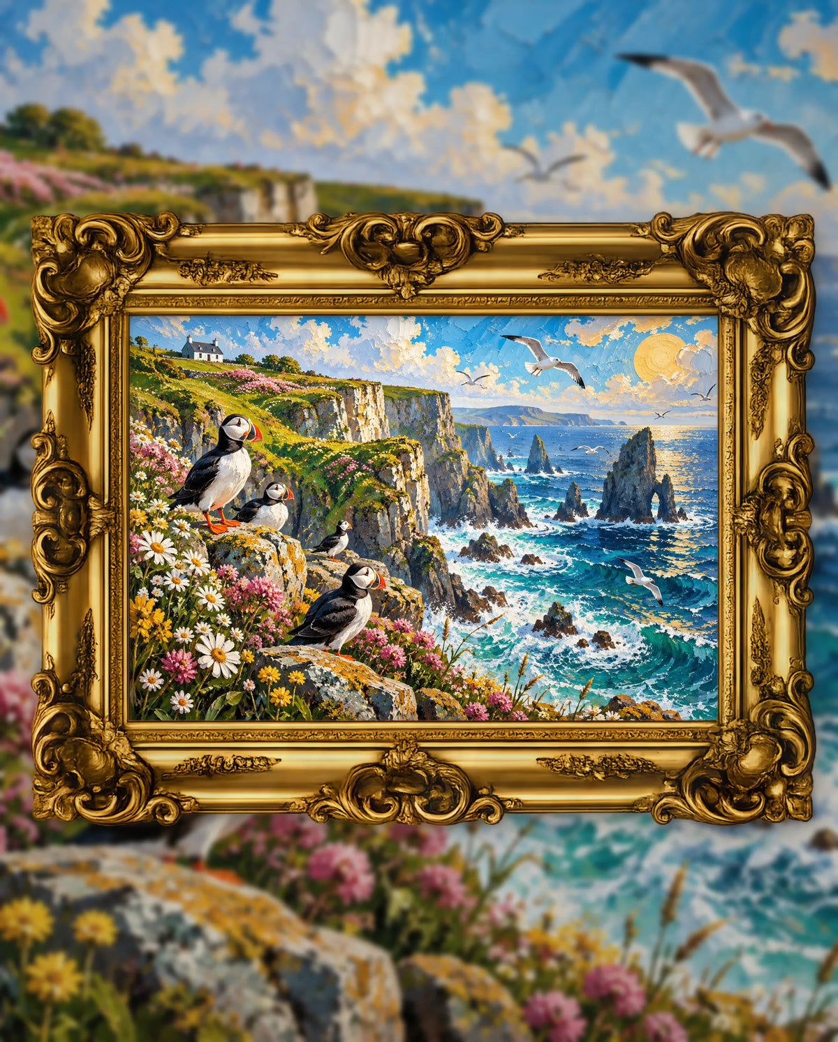 Puffin Cliffs at Summer Light, an original DAILE Studio artwork in an ornate gold frame, fine art jigsaw puzzle