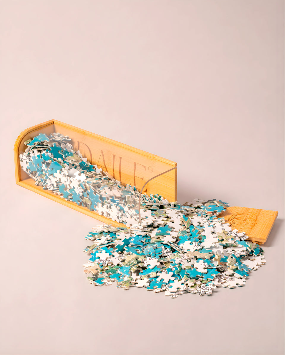 DAILE puzzle pieces spilling from the bamboo capsule.