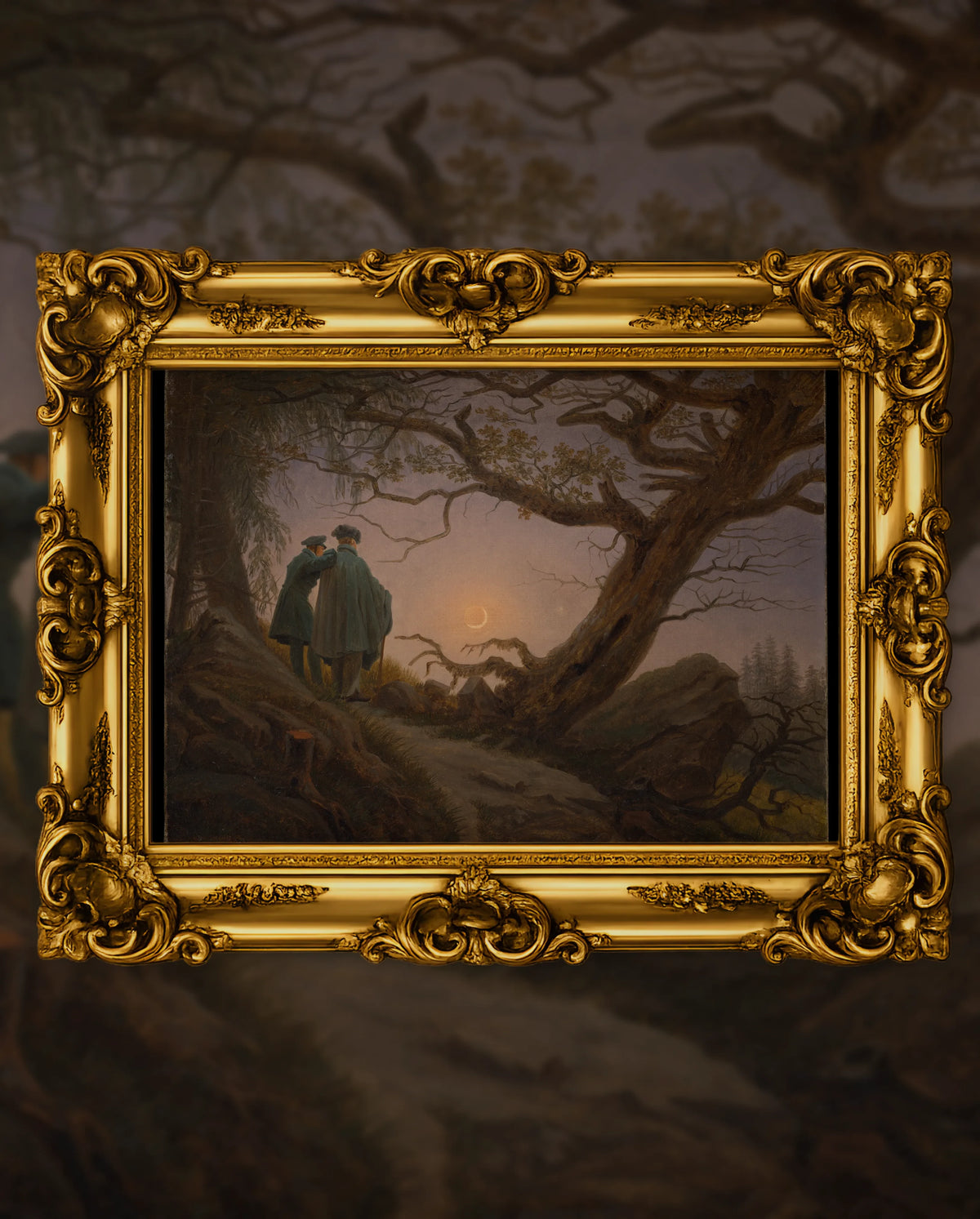 Caspar David Friedrich’s Two Men Contemplating the Moon in an ornate gold frame, fine art jigsaw puzzle