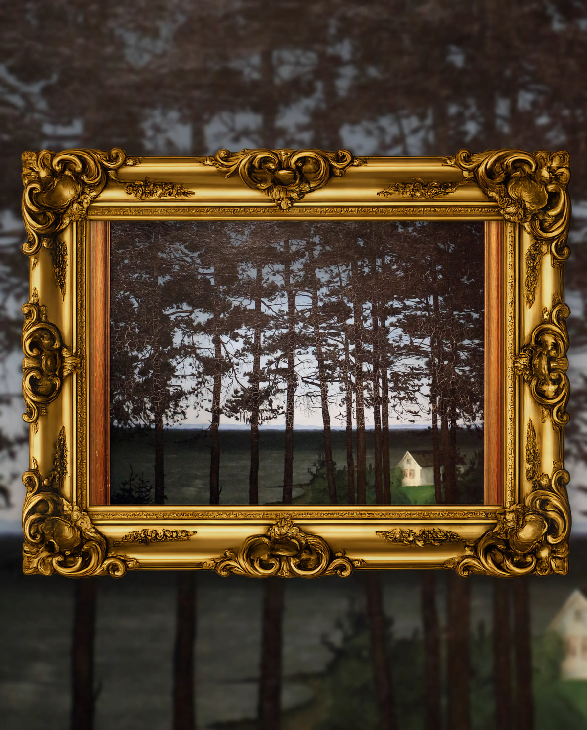 Harald Sohlberg’s Fisherman’s Cottage in an ornate gold frame, fine art jigsaw puzzle