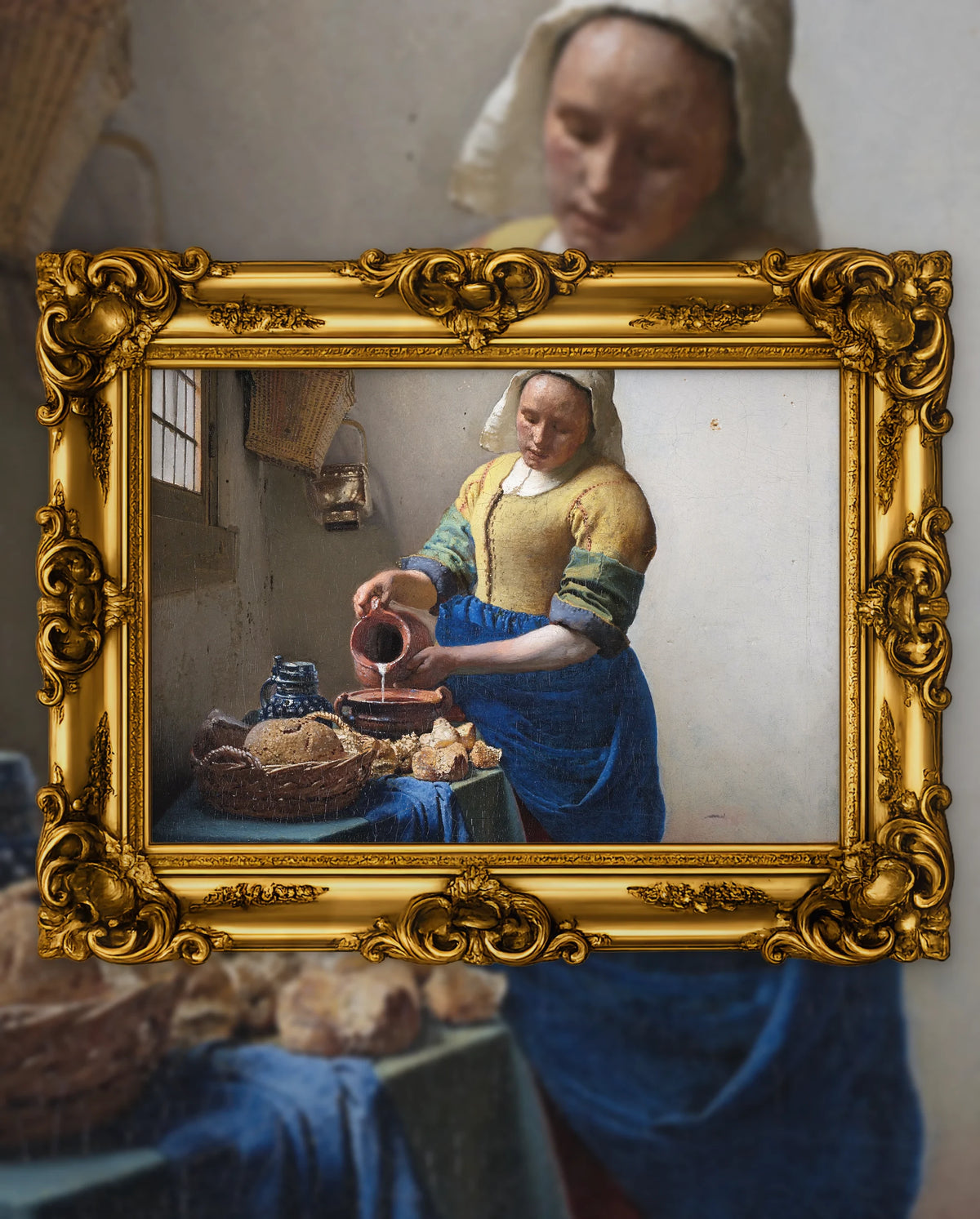 Johannes Vermeer’s The Milkmaid in an ornate gold frame, fine art jigsaw puzzle