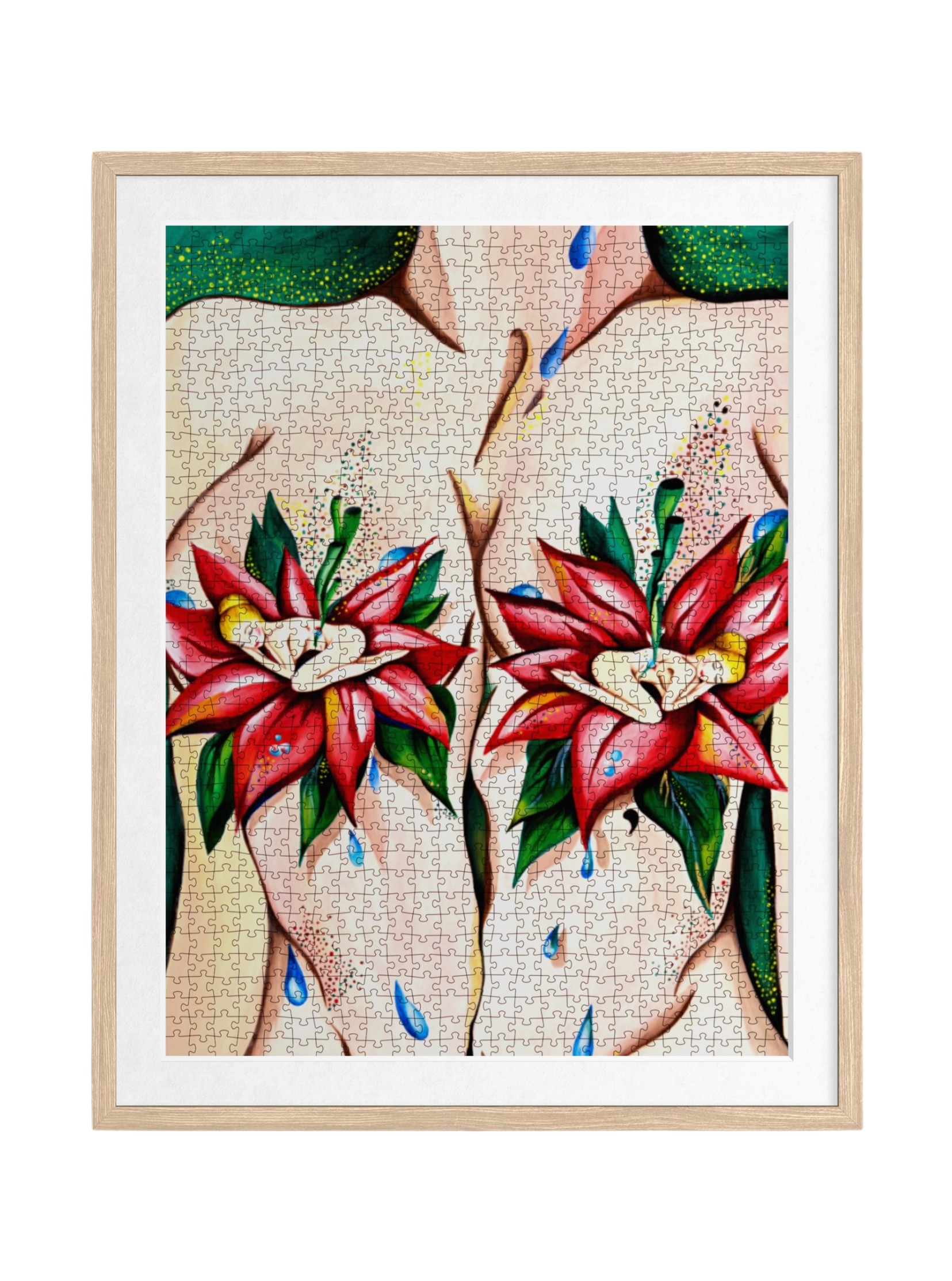 Framed puzzle featuring colorful abstract art of two torsos with red flowers and green leaves.