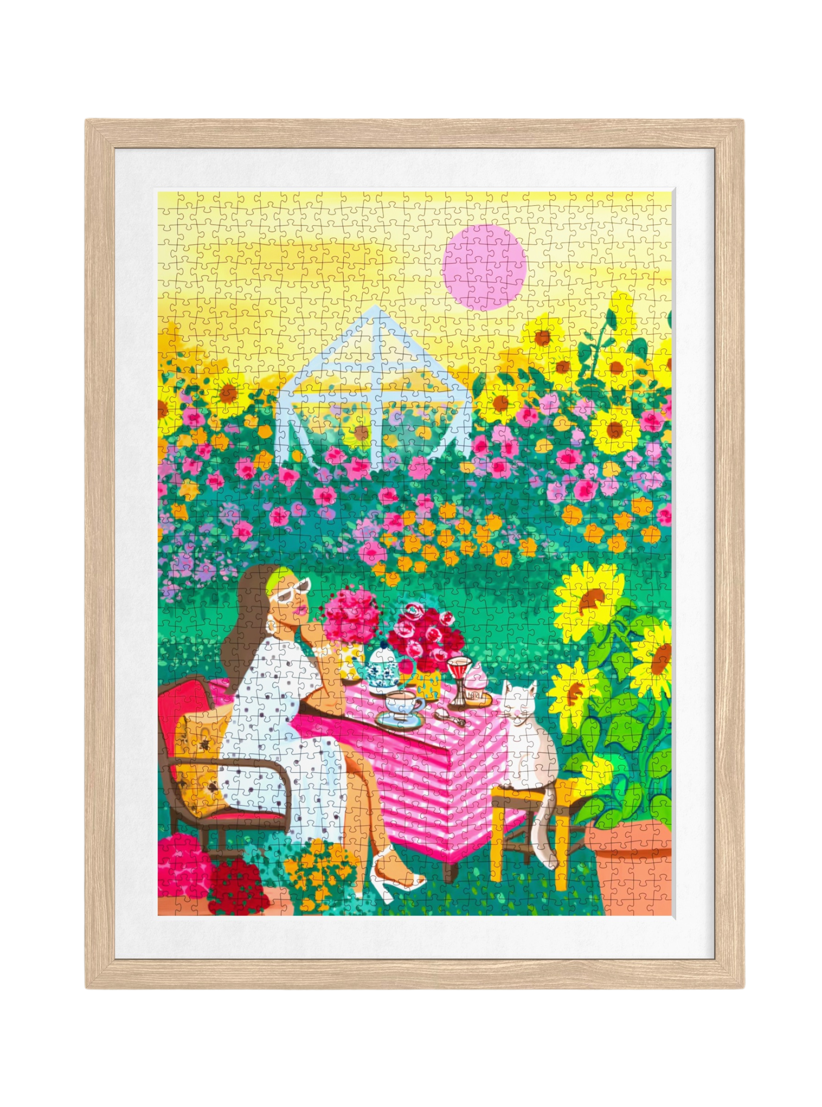 Colorful art puzzle of a woman with a cat at a garden tea party, flowers and sun in background