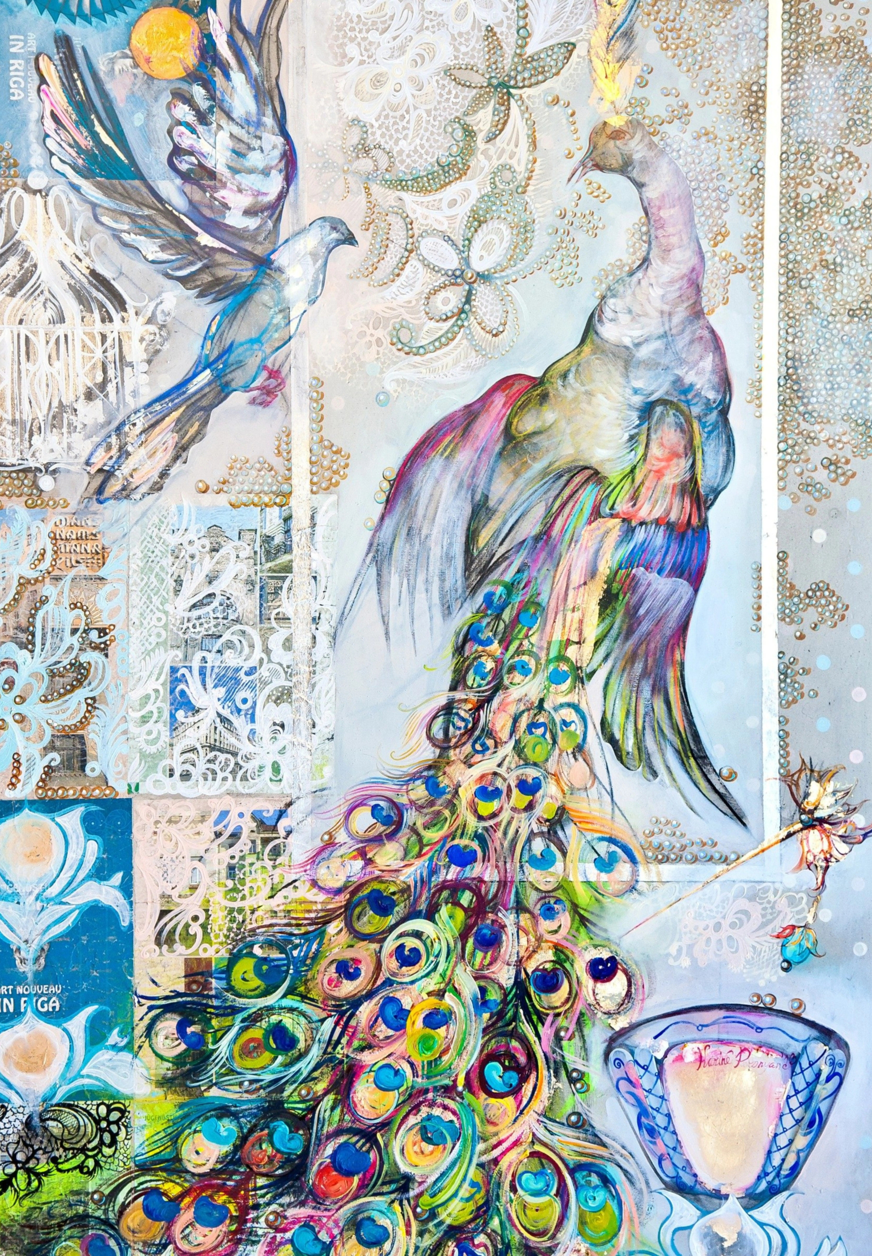 Colorful art puzzle image of a peacock with spread feathers and a bird in a decorative, abstract style