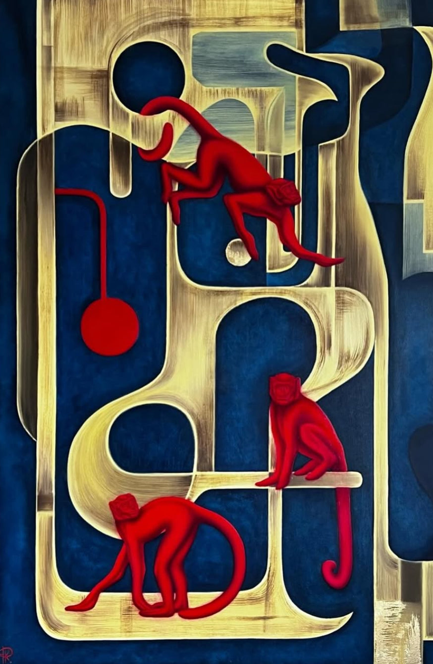 Abstract painting with three red monkeys on geometric gold and blue background