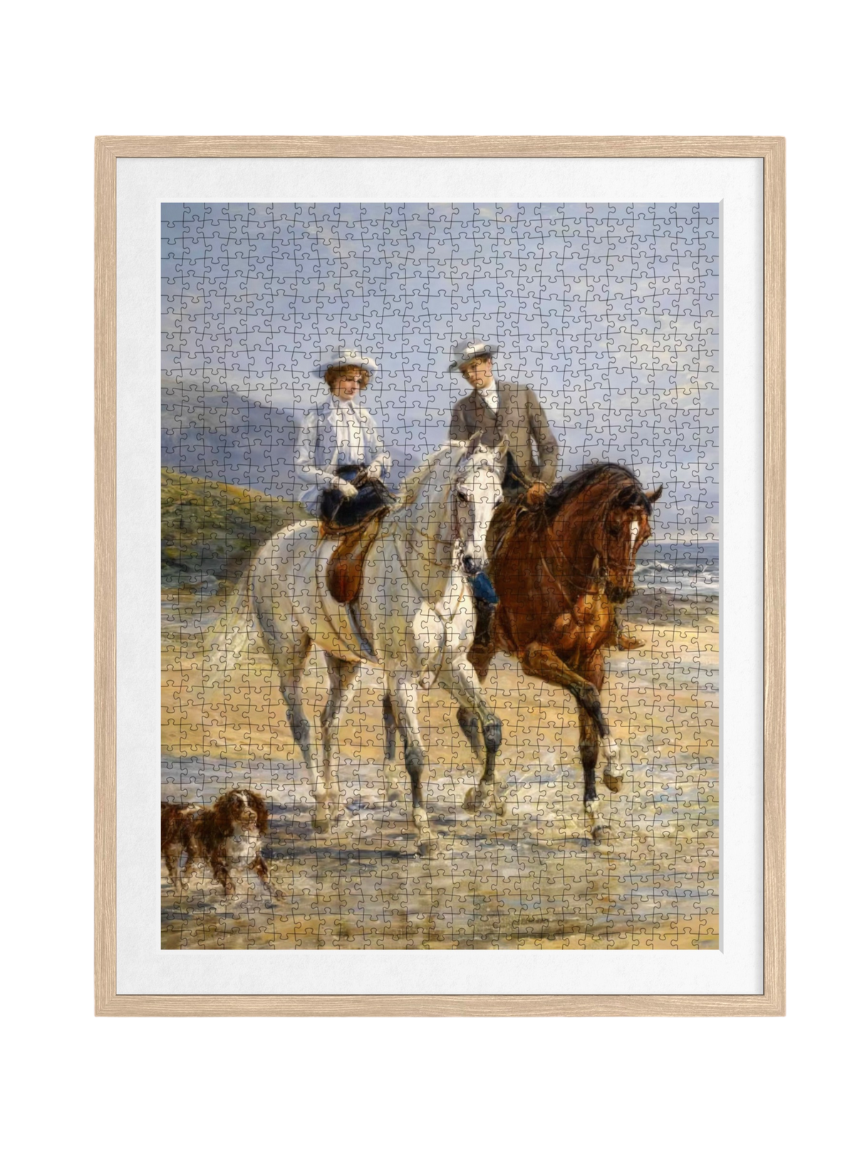 Art puzzle of two people horseback riding on a beach with a dog, framed collectible puzzle