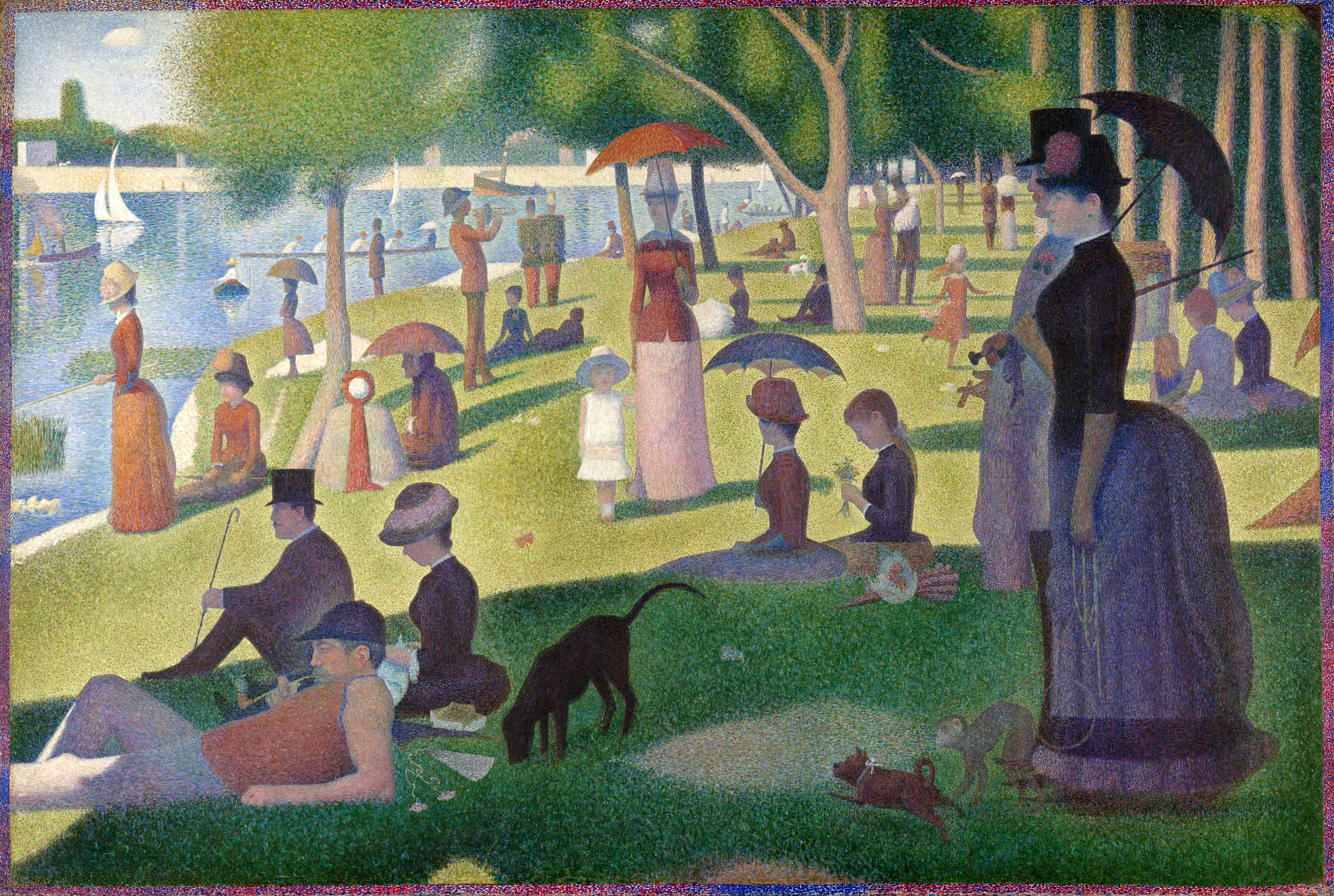 Sunday Afternoon on the Island of La Grande Jatte by Seurat, pointillism art puzzle featuring park scene with figures, umbrellas, and river.