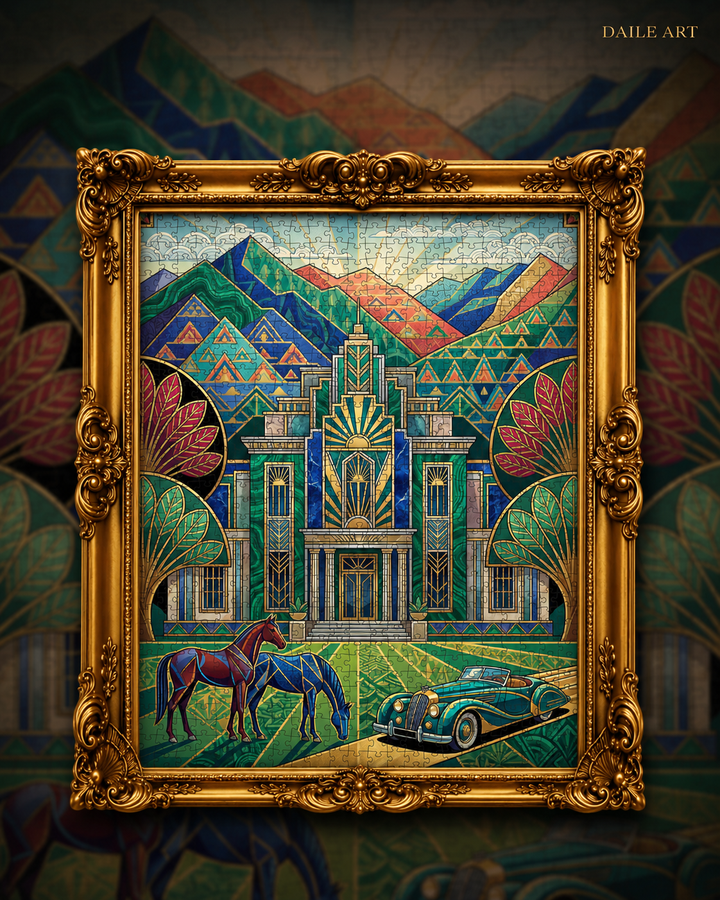 Art Deco mansion puzzle with vintage car, horses, and mountain backdrop in ornate gold frame