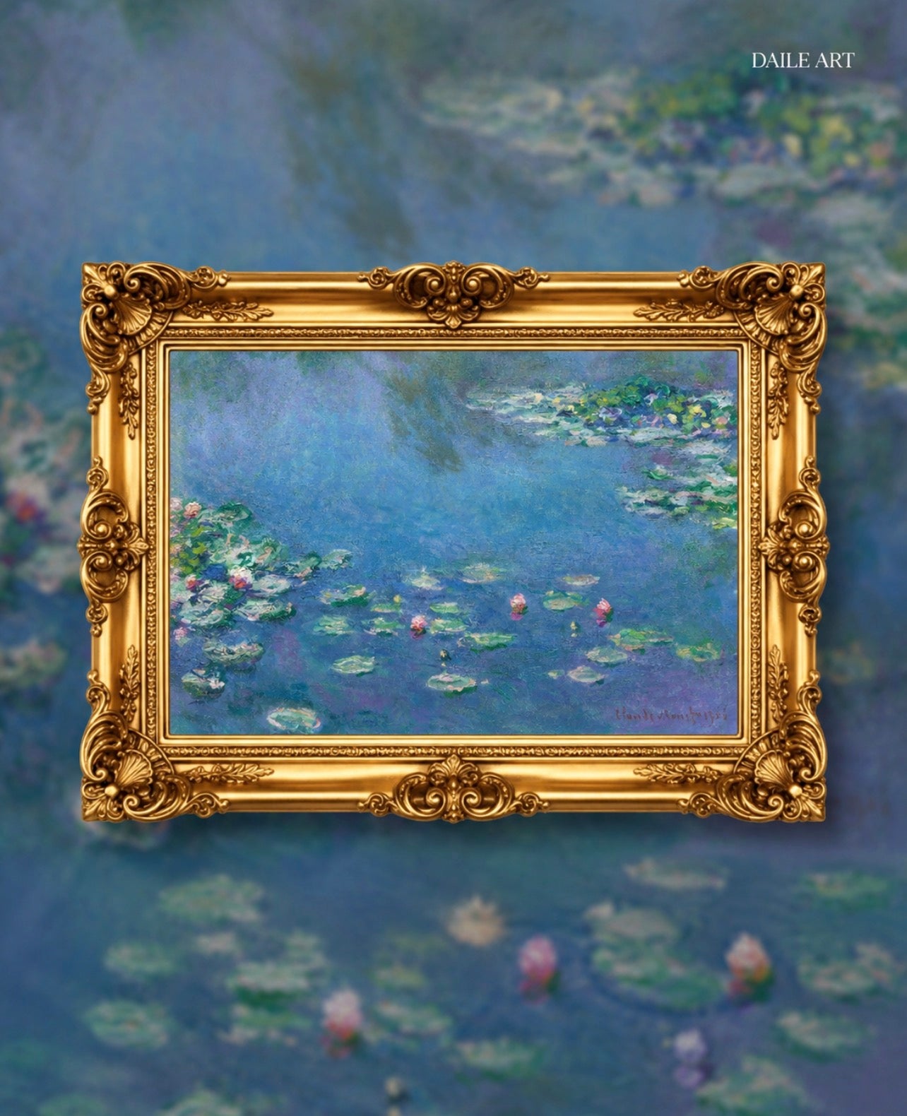 Monet's Water Lilies in ornate gold frame, museum-quality art puzzle for display