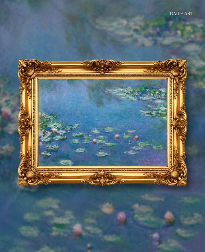 Monet's Water Lilies in ornate gold frame, museum-quality art puzzle for display