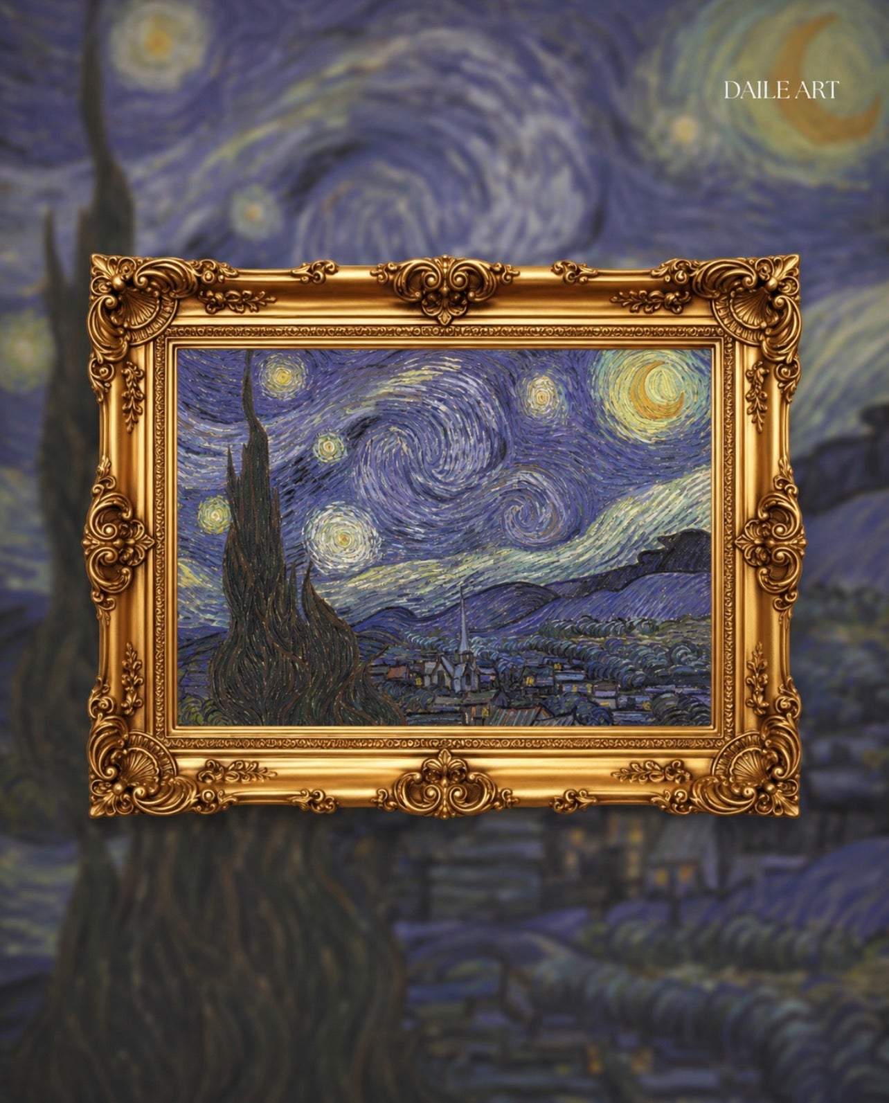 Van Gogh's Starry Night in ornate gold frame, museum-quality art puzzle