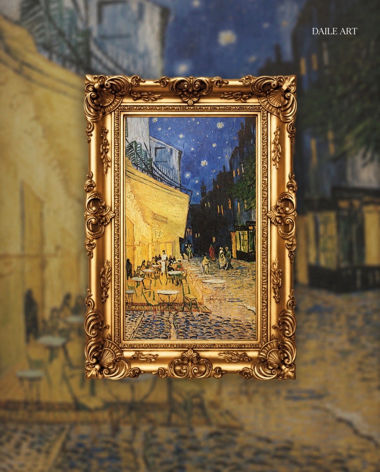 Van Gogh's Café Terrace at Night art puzzle in ornate gold frame, museum-quality collectible