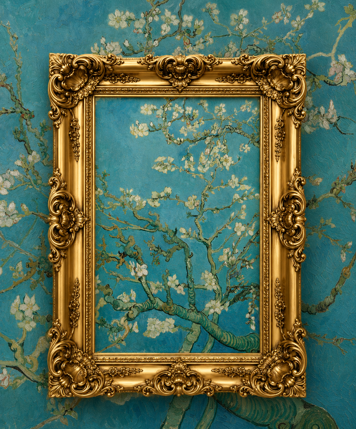Van Gogh's Blossoming Almond Tree in ornate gold frame, museum-quality art puzzle