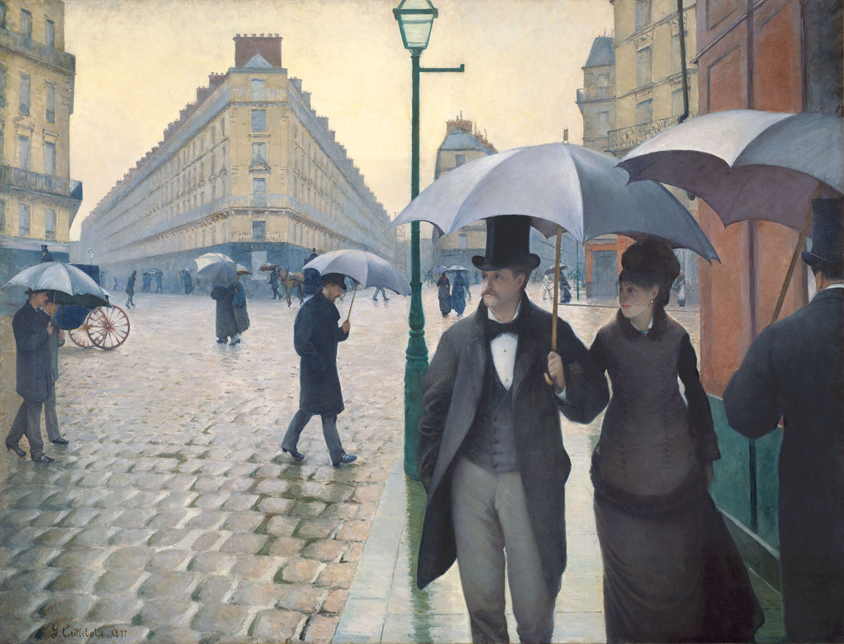 Paris street scene with umbrellas, cobblestones, and 19th-century figures, Gustave Caillebotte painting