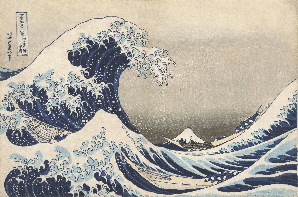The Great Wave off Kanagawa, iconic Japanese art print with towering wave and Mount Fuji background