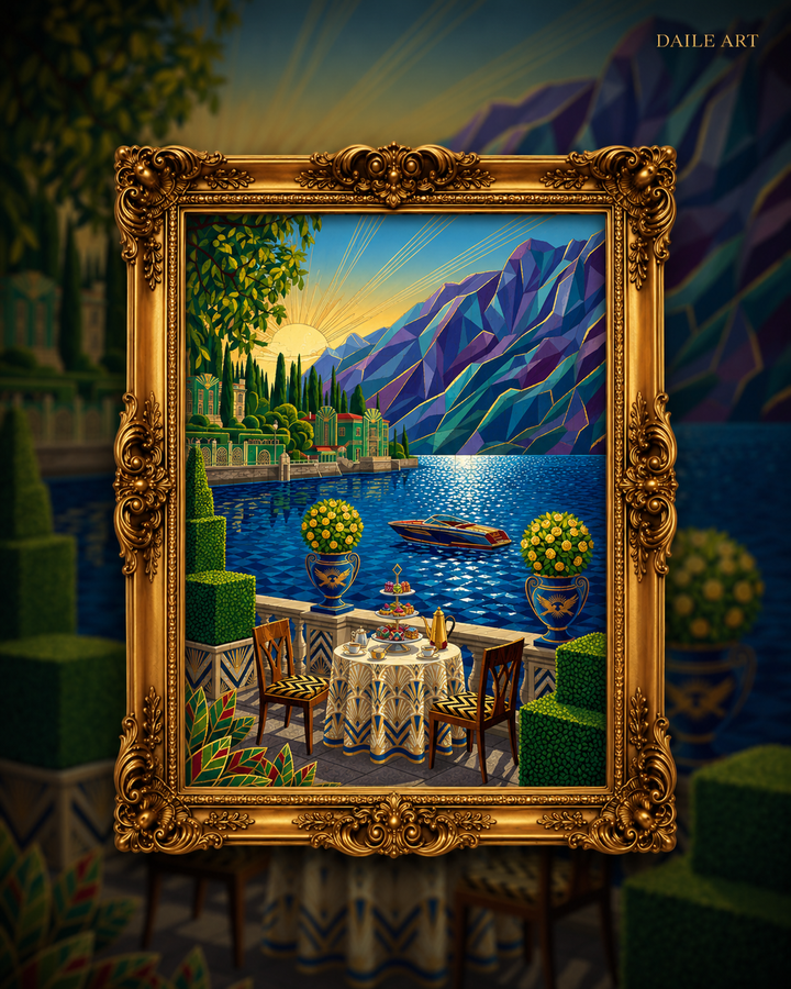 Luxury art puzzle featuring a lakeside sunset scene with mountains, ornate gold frame, and elegant table setting.