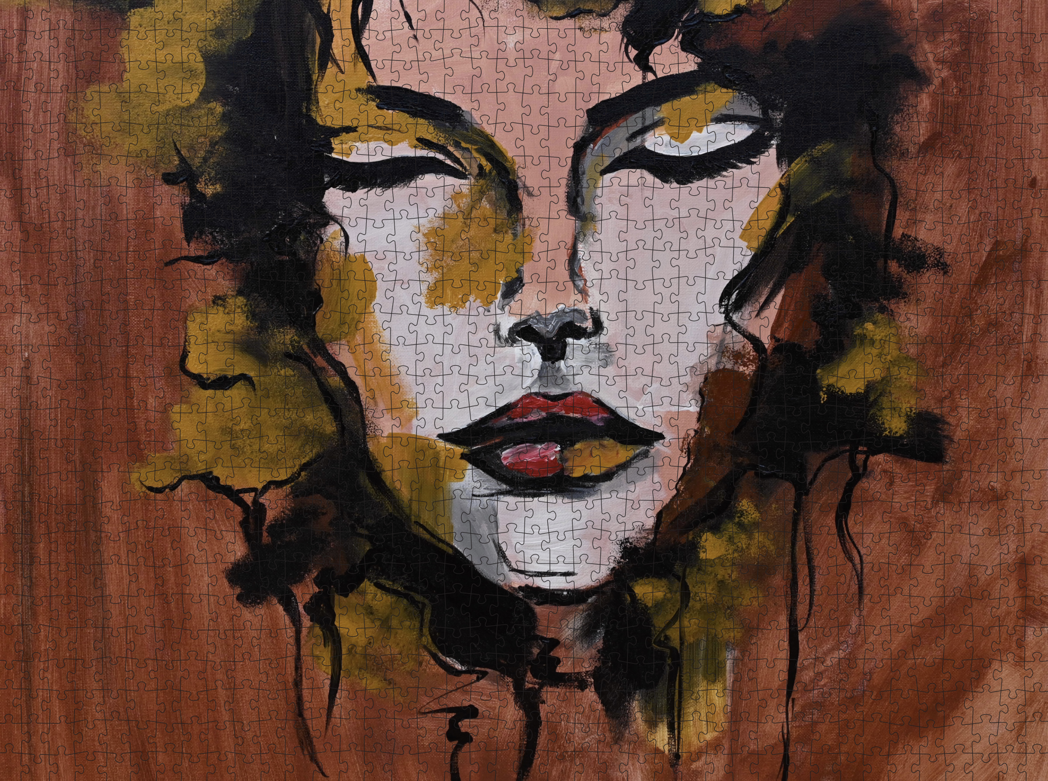 Abstract art puzzle featuring a painted face with bold colors and expressive brushstrokes