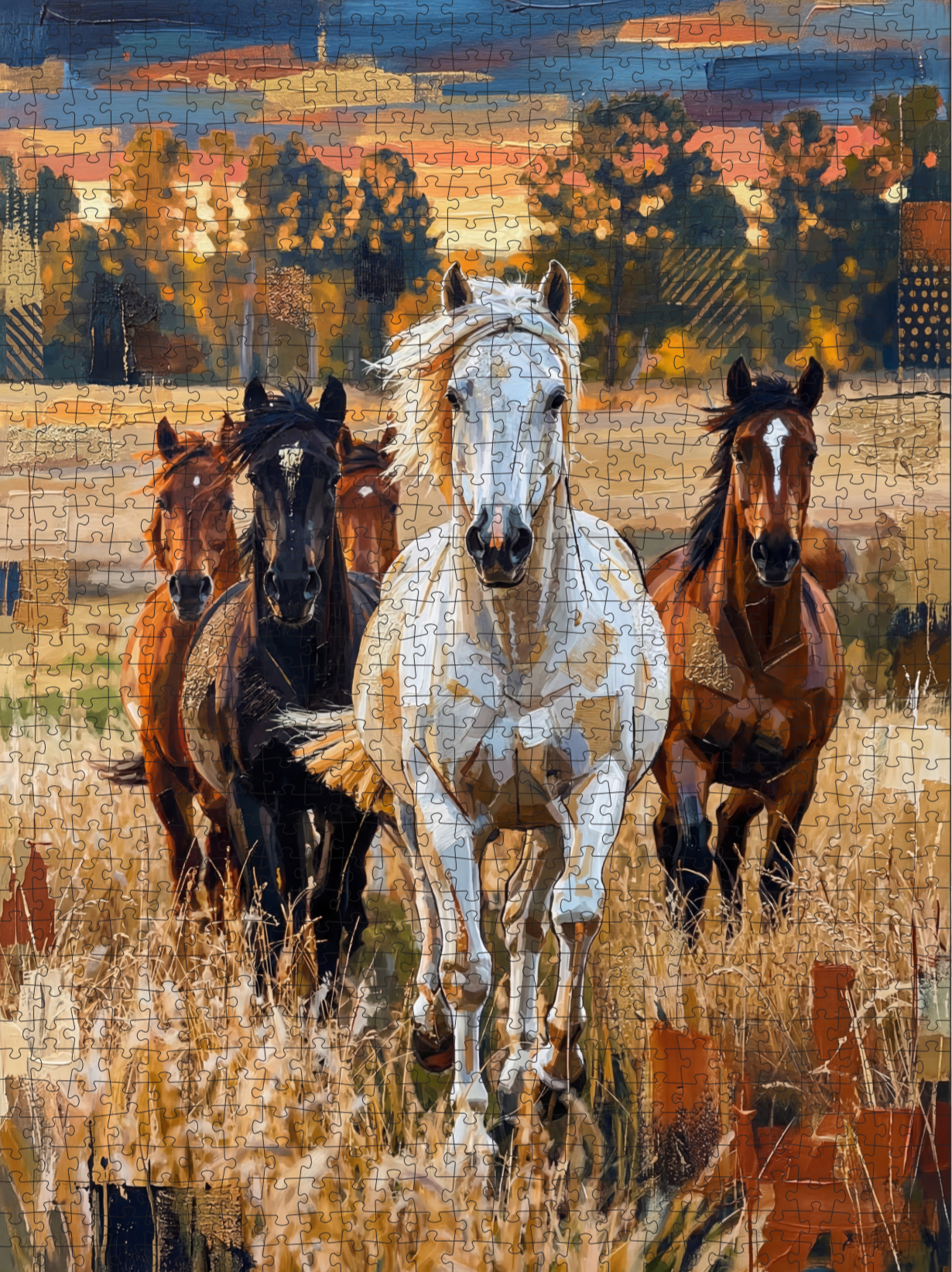 Art puzzle featuring running horses in a field at sunset, collectible jigsaw design