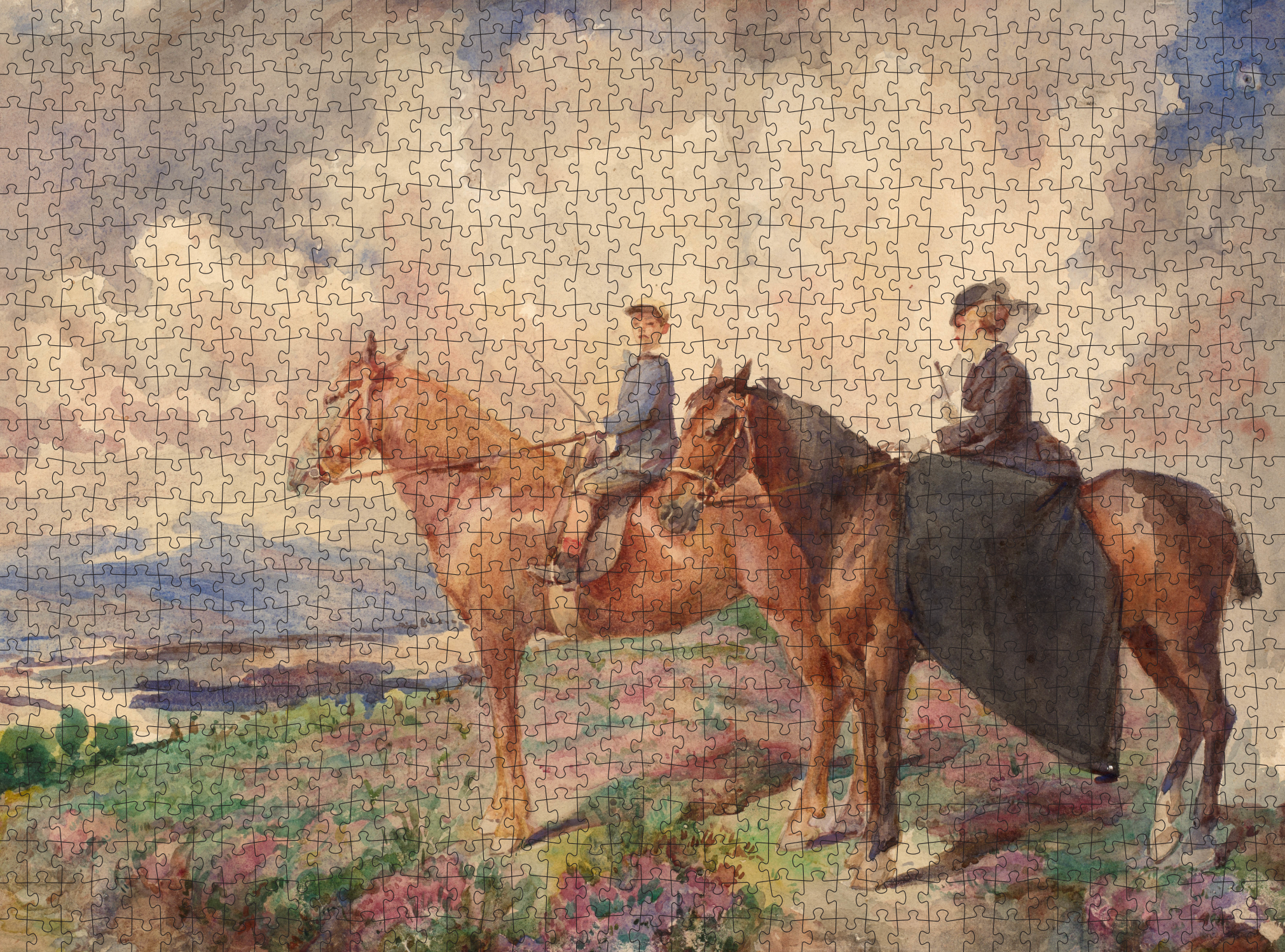 art puzzle of two riders on horseback in a scenic landscape with wildflowers and clouds