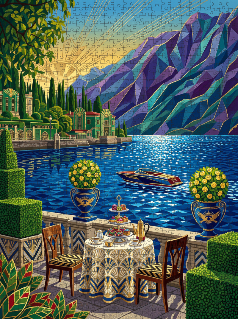 Riviera Tea on the Lake — Art Deco Puzzle (1000 pcs) | DAILE premium DAILE art gift set for art lovers with 1000-piece puzzle experience