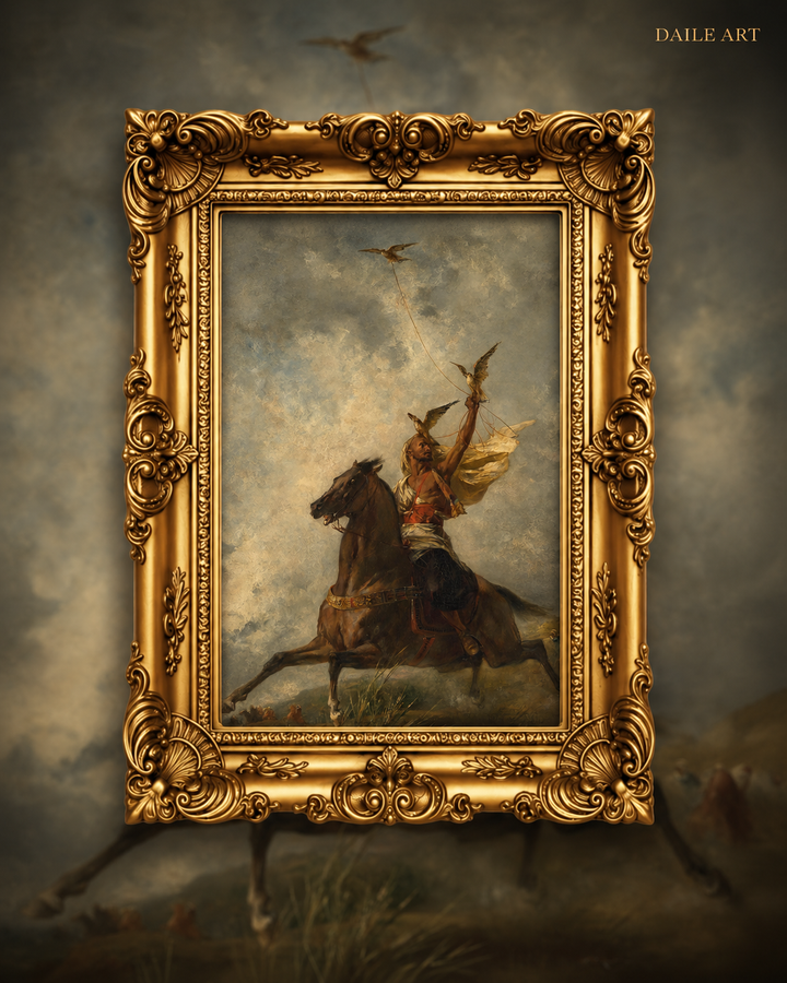 Elegant gold-framed art puzzle featuring a rider on horseback with birds in sky, museum-quality design