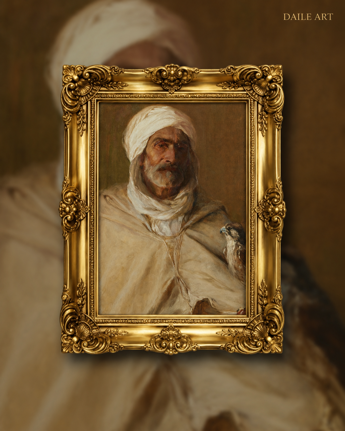 Ornate gold-framed portrait of a man in white turban with falcon, museum-quality art puzzle