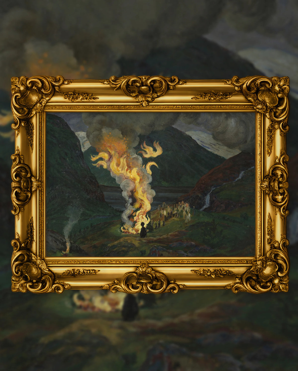 Nikolai Astrup’s Bonfire Celebrating Midsummer Night in an ornate gold frame, fine art jigsaw puzzle