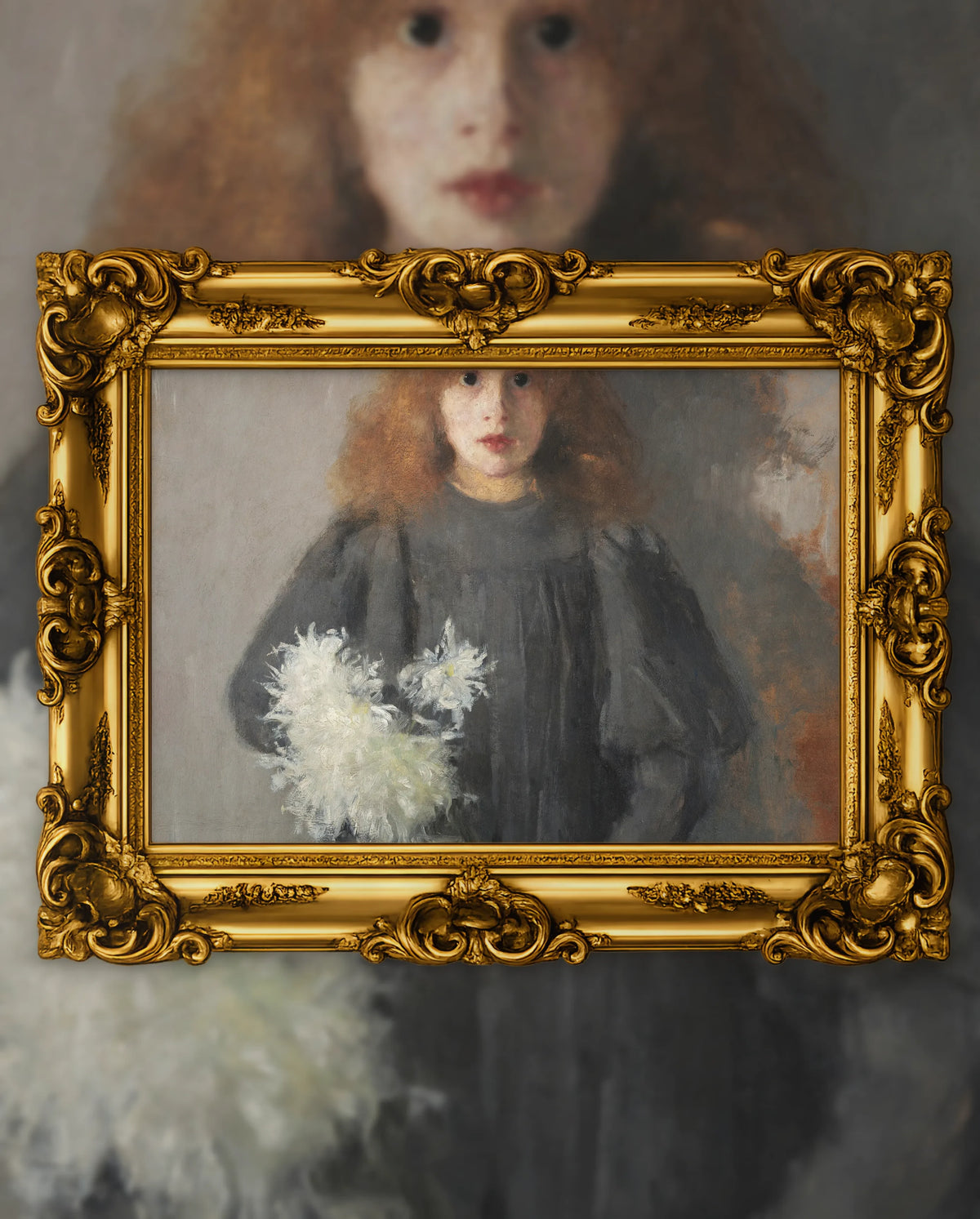 Olga Boznańska’s Girl with Chrysanthemums in an ornate gold frame, fine art jigsaw puzzle