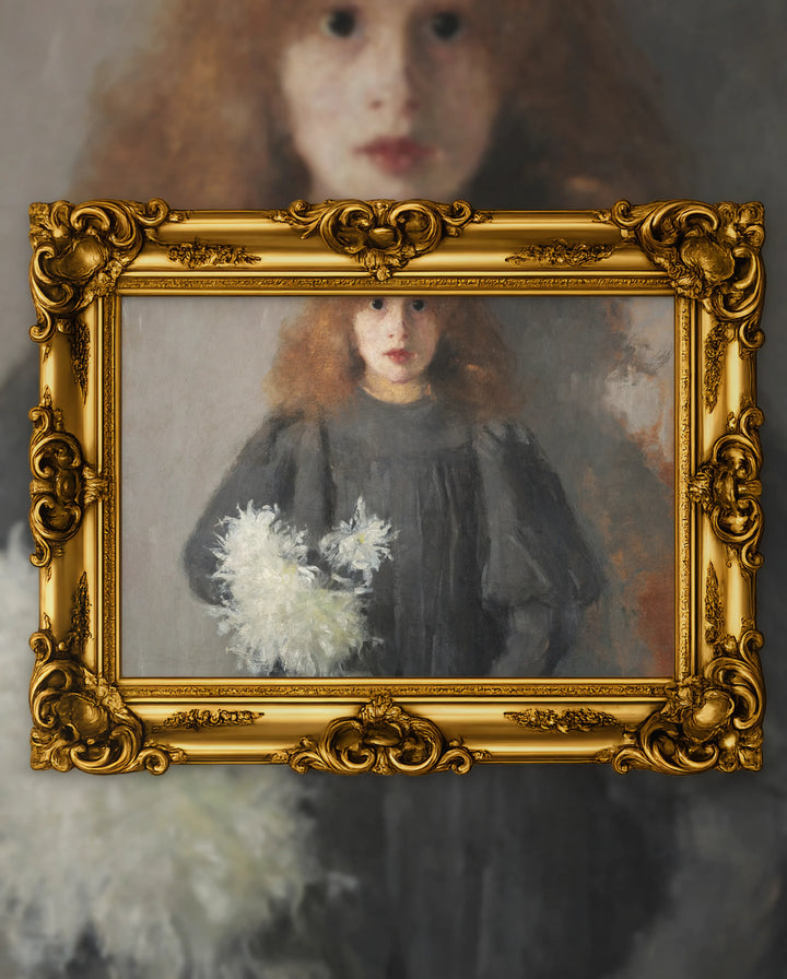 Olga Boznańska’s Girl with Chrysanthemums in an ornate gold frame, fine art jigsaw puzzle