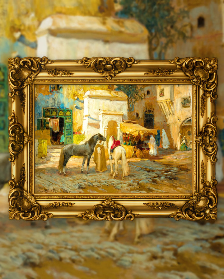 Frederick Arthur Bridgman’s The Market Square in an ornate gold frame, fine art jigsaw puzzle