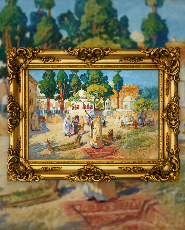 Frederick Arthur Bridgman’s Arab Women’s Day in the Cemetery, Bou-Kobrine in an ornate gold frame, fine art jigsaw puzzle