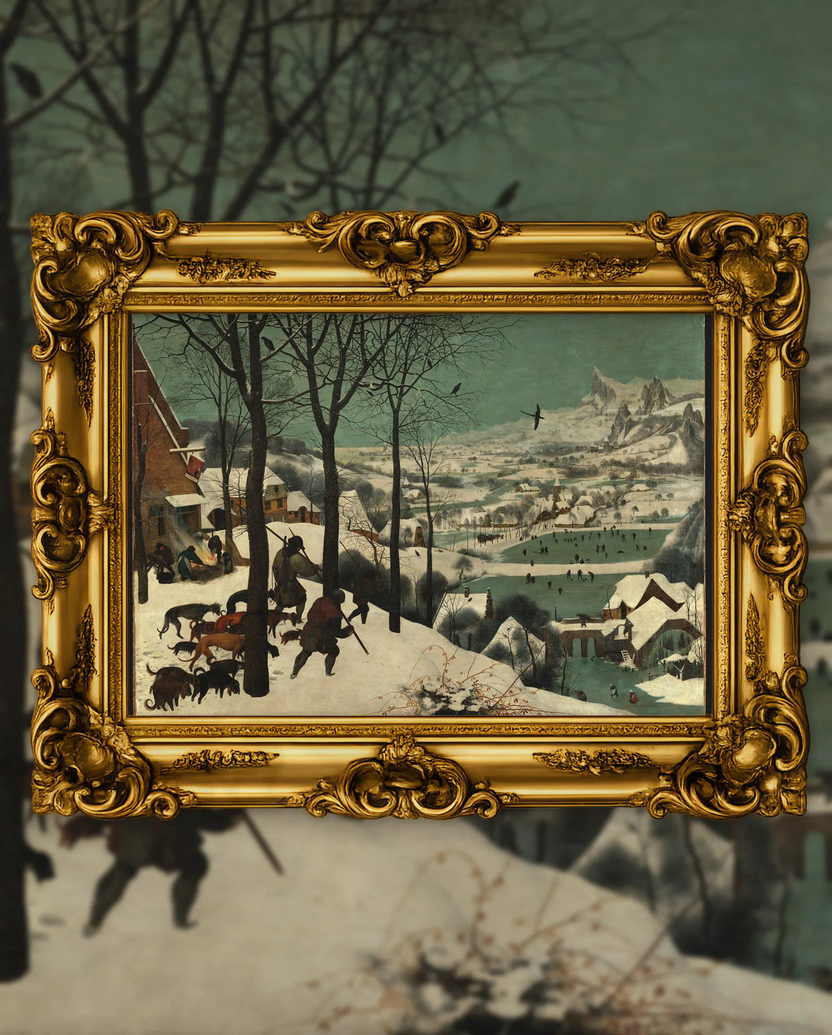 Pieter Bruegel the Elder’s Hunters in the Snow in an ornate gold frame, fine art jigsaw puzzle