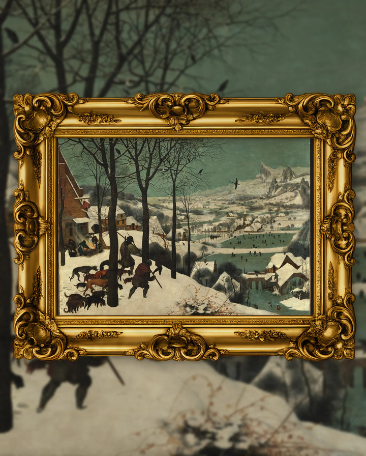 Pieter Bruegel the Elder’s Hunters in the Snow in an ornate gold frame, fine art jigsaw puzzle